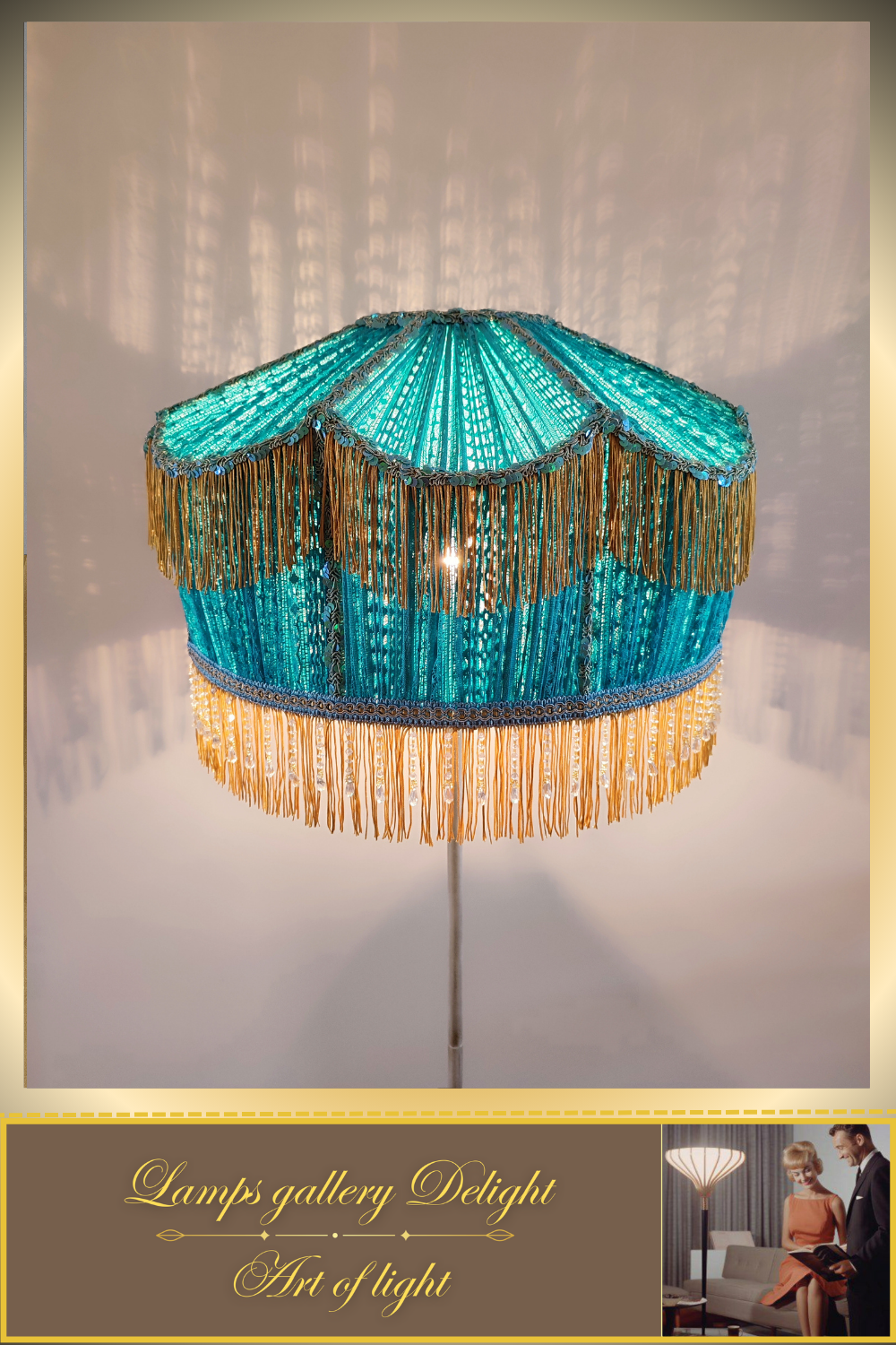 Floor lamp, Victorian style, floor lamp with turquoise fabric shade, Unique lamp. 1701