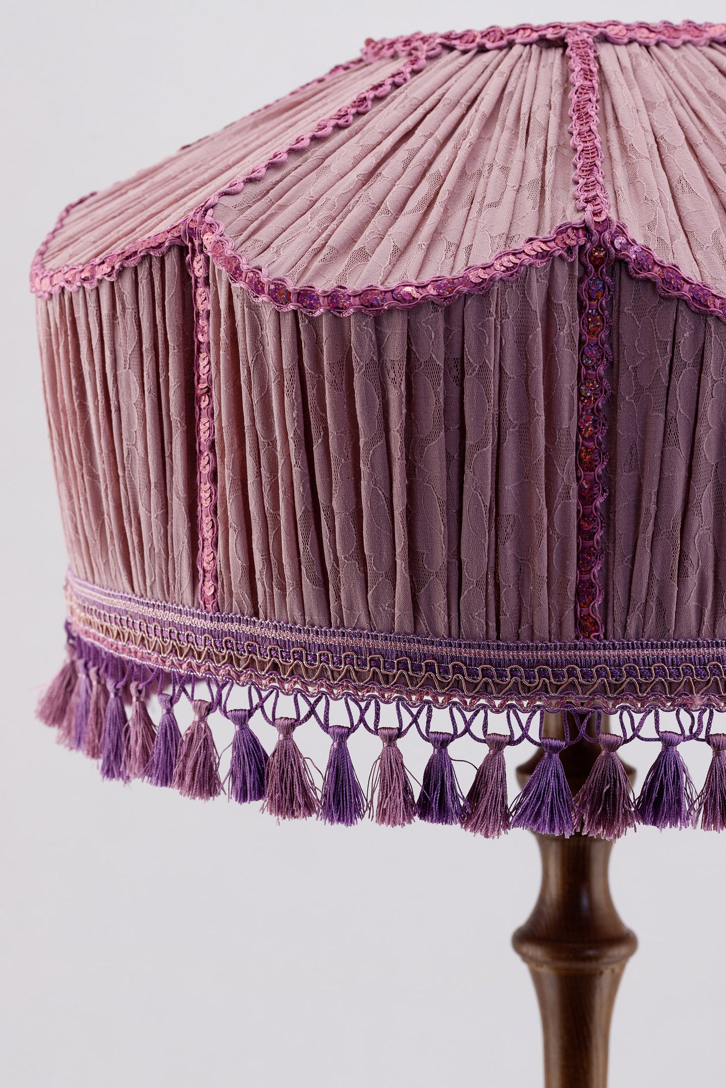 Lampshade. Large lilac lampshade with handmade fringe. 1703