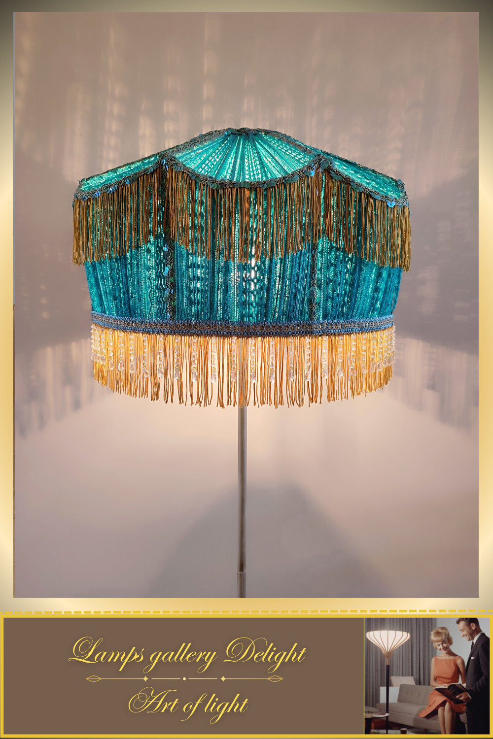 Floor lamp, Victorian style, floor lamp with turquoise fabric shade, Unique lamp. 1701