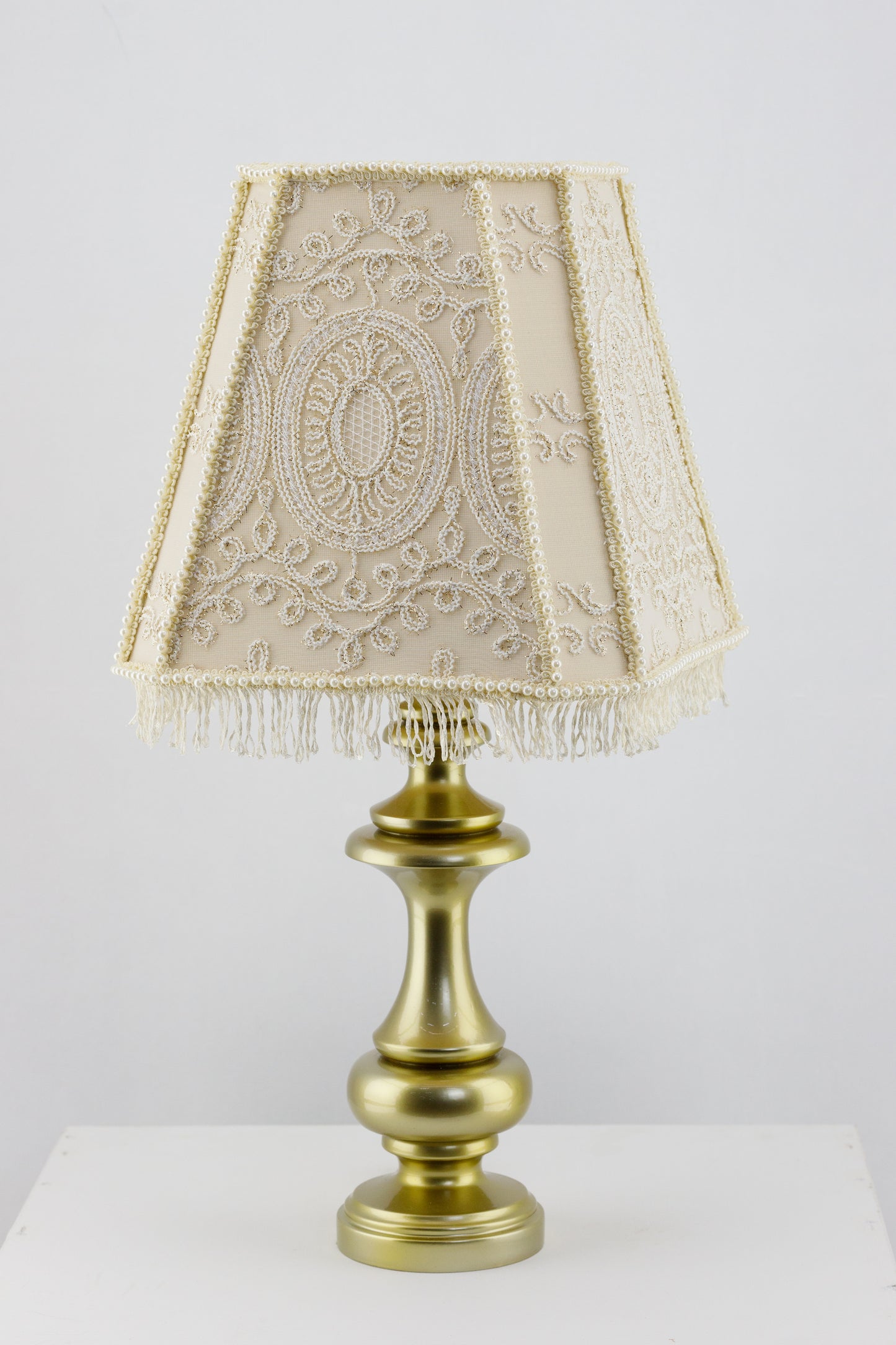 Victorian beige brocade lampshade.