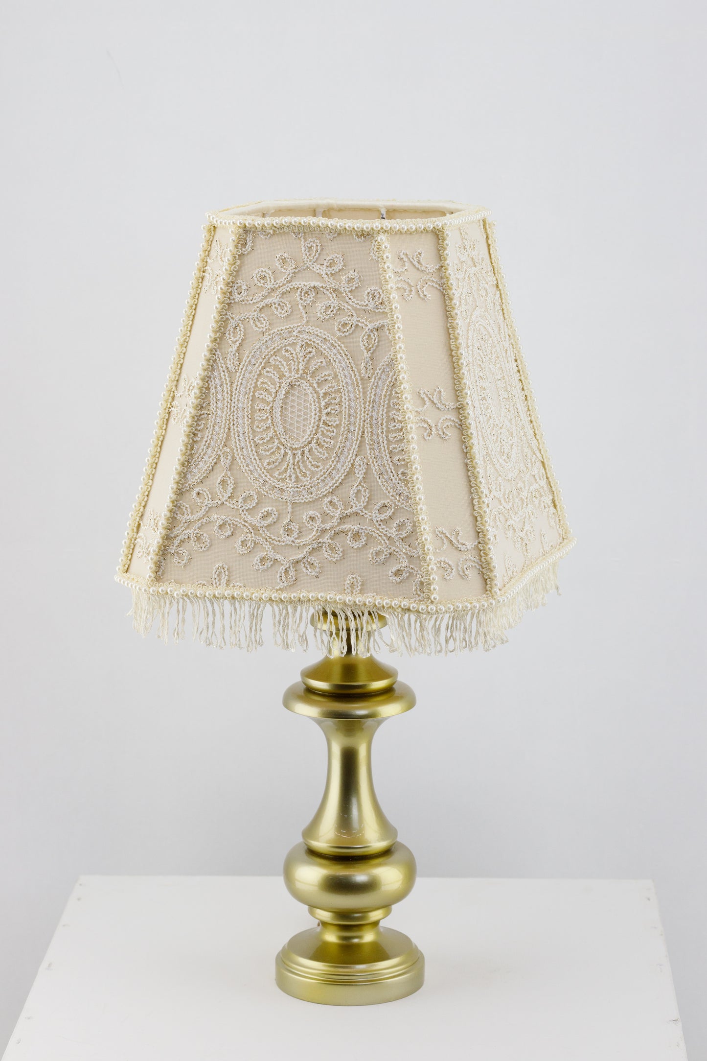 Victorian beige brocade lampshade.