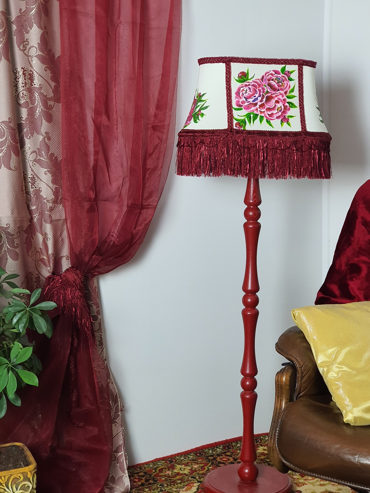 Fabric lampshade with painted peonies fringed lampshade. 5304