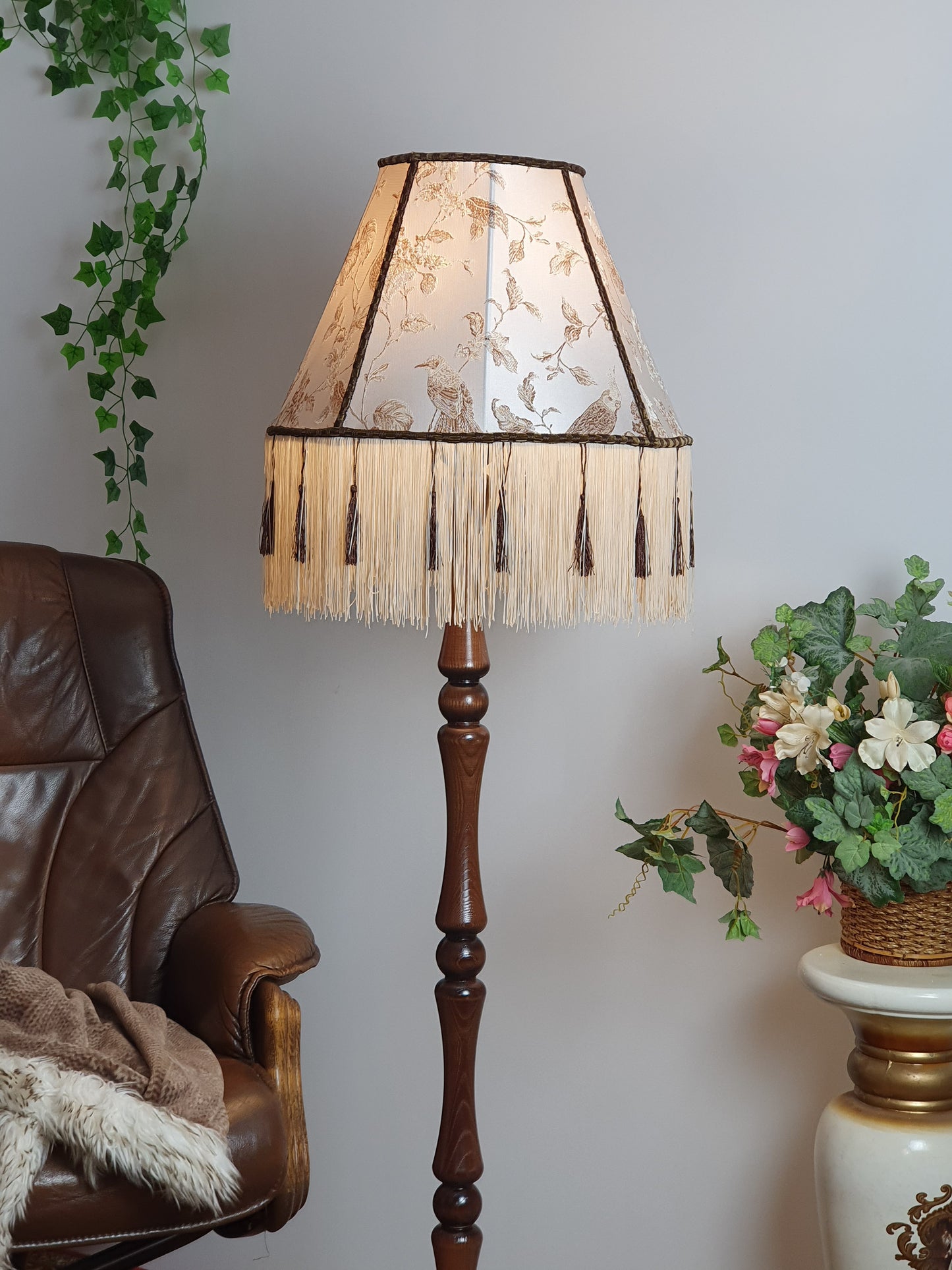 Victorian Lampshade Silvery Mother-of-Pearl Fabric with Long Thick Fringe. 1104