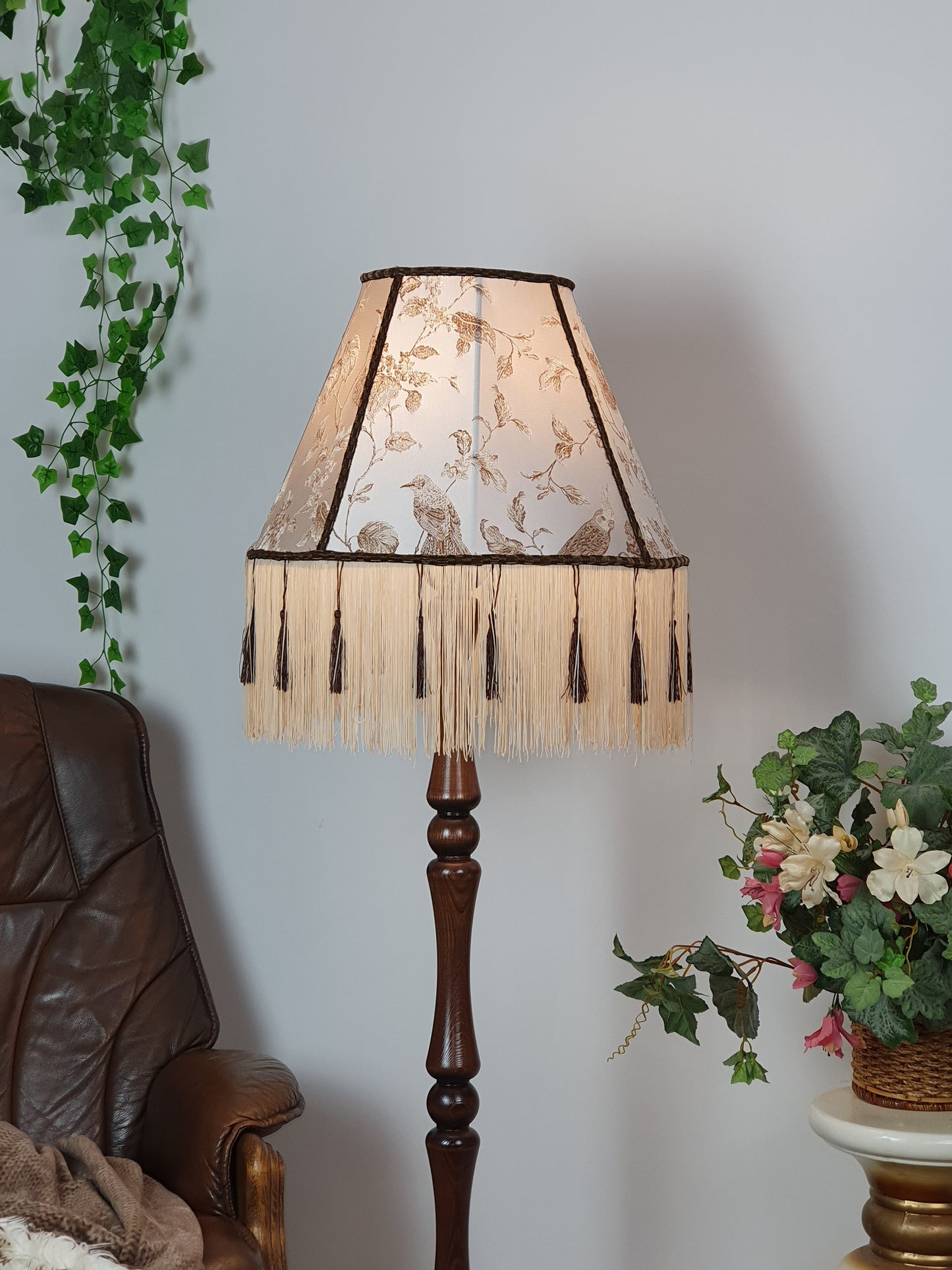 Victorian Lampshade Silvery Mother-of-Pearl Fabric with Long Thick Fringe. 1104