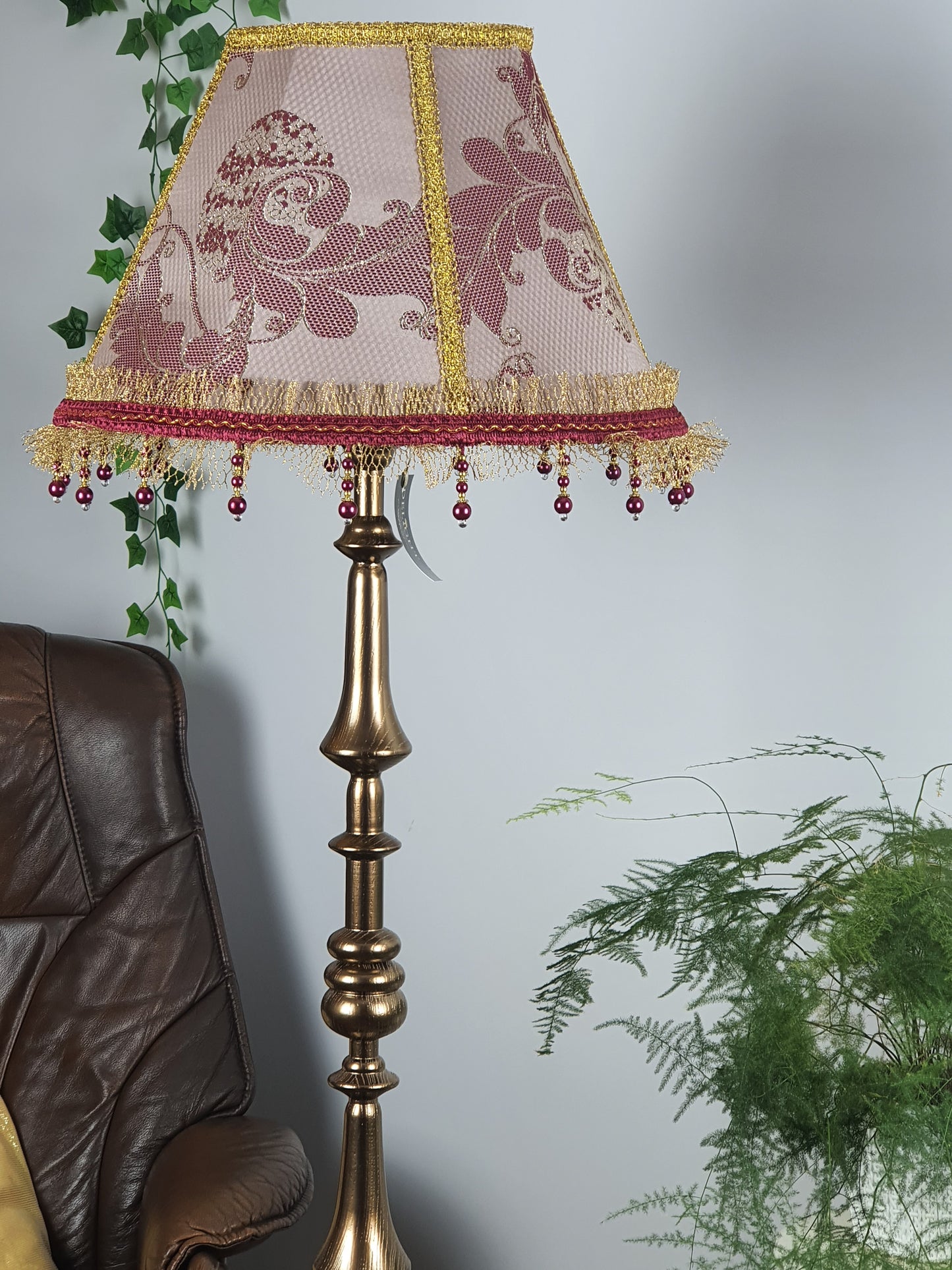 Victorian Lampshade in Golden-Burgundy Brocade with Fringe