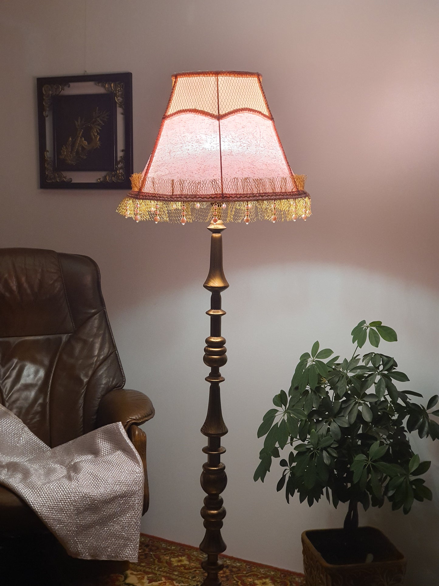 Handmade Pink Floral Lampshade with Fringe, Beads, and Patterned Fabric. 3607