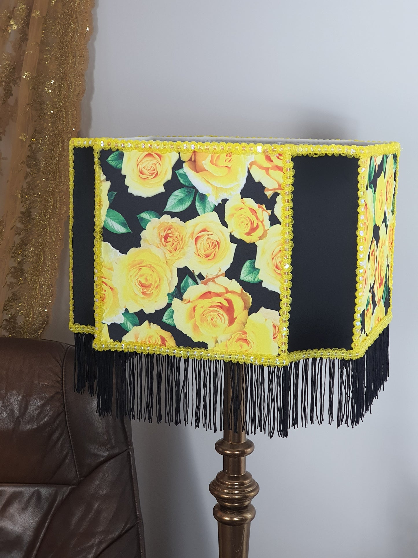 Lampshade. Decadent lampshade with fringe and Victorian floral design.