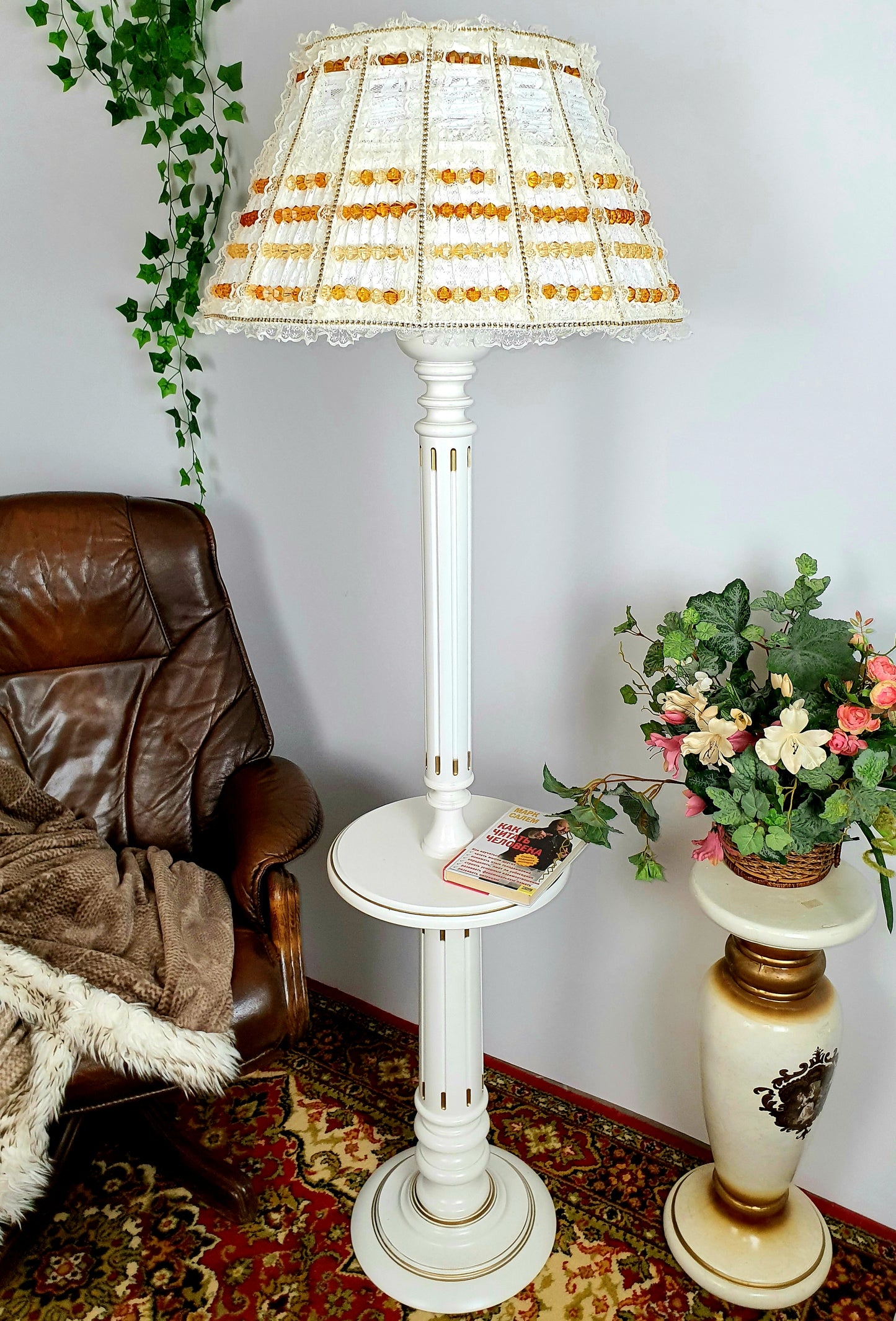 Lampshade. French Milk-Colored Guipure Lampshade with Lace Ribbon
