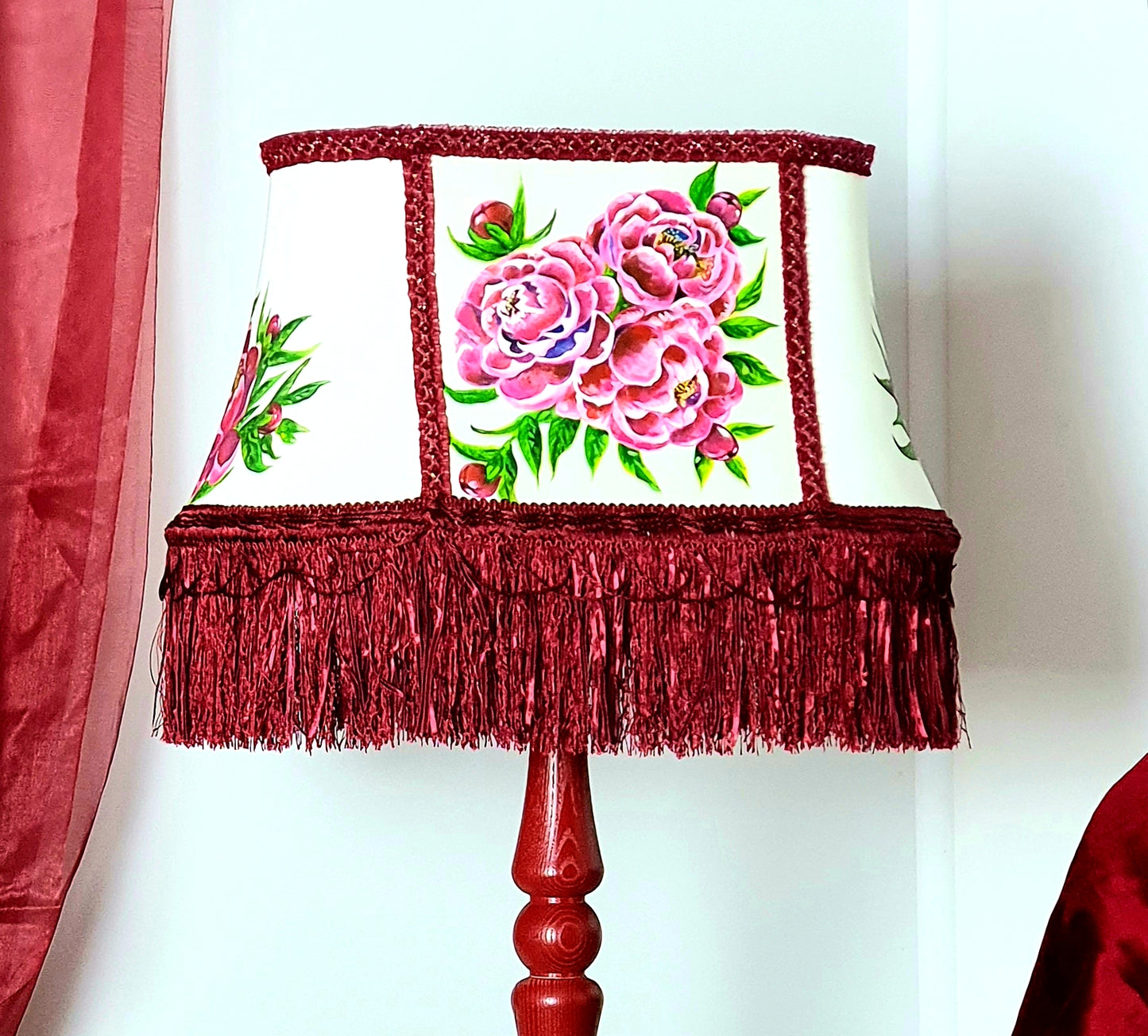 Fabric lampshade with painted peonies fringed lampshade. 5304