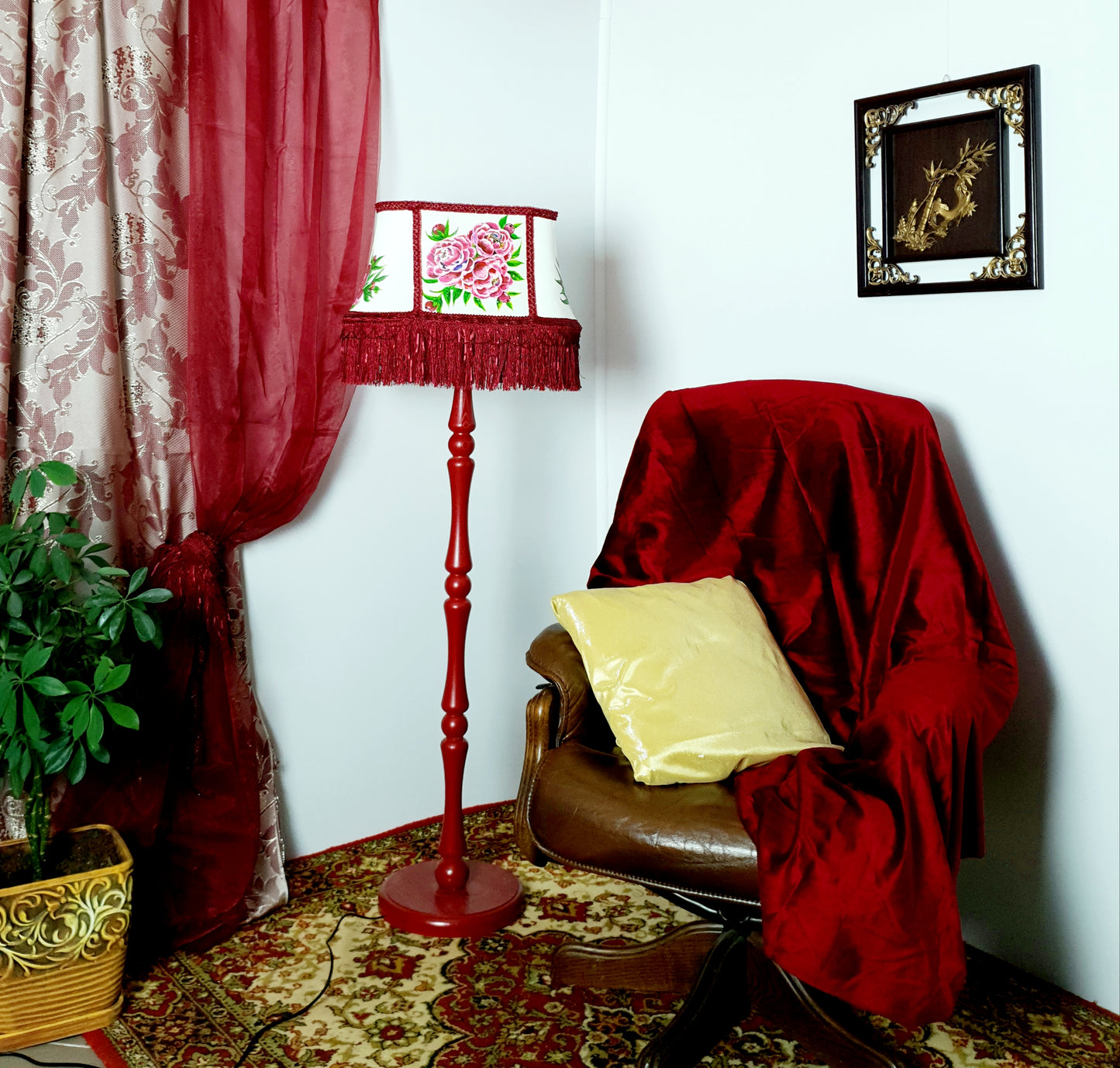 Fabric lampshade with painted peonies fringed lampshade. 5304