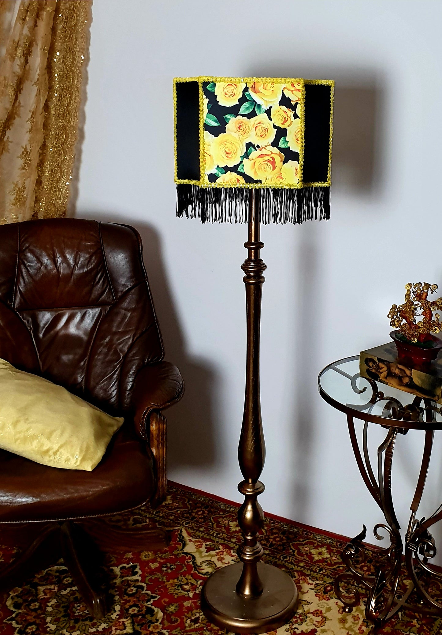 Lampshade. Decadent lampshade with fringe and Victorian floral design.
