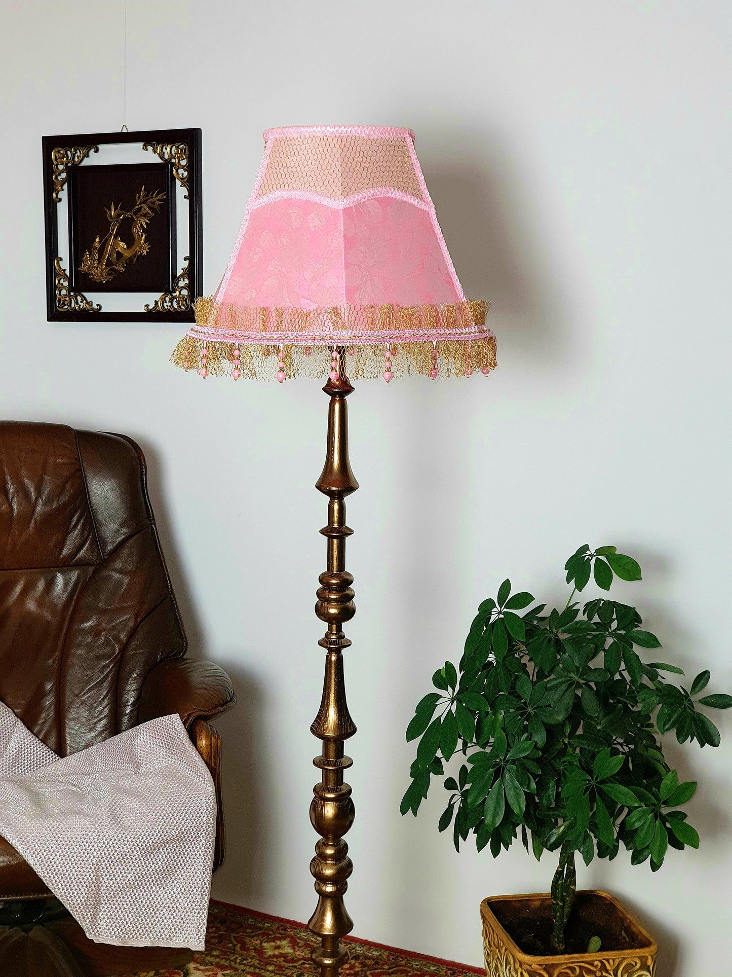 Handmade Pink Floral Lampshade with Fringe, Beads, and Patterned Fabric. 3607