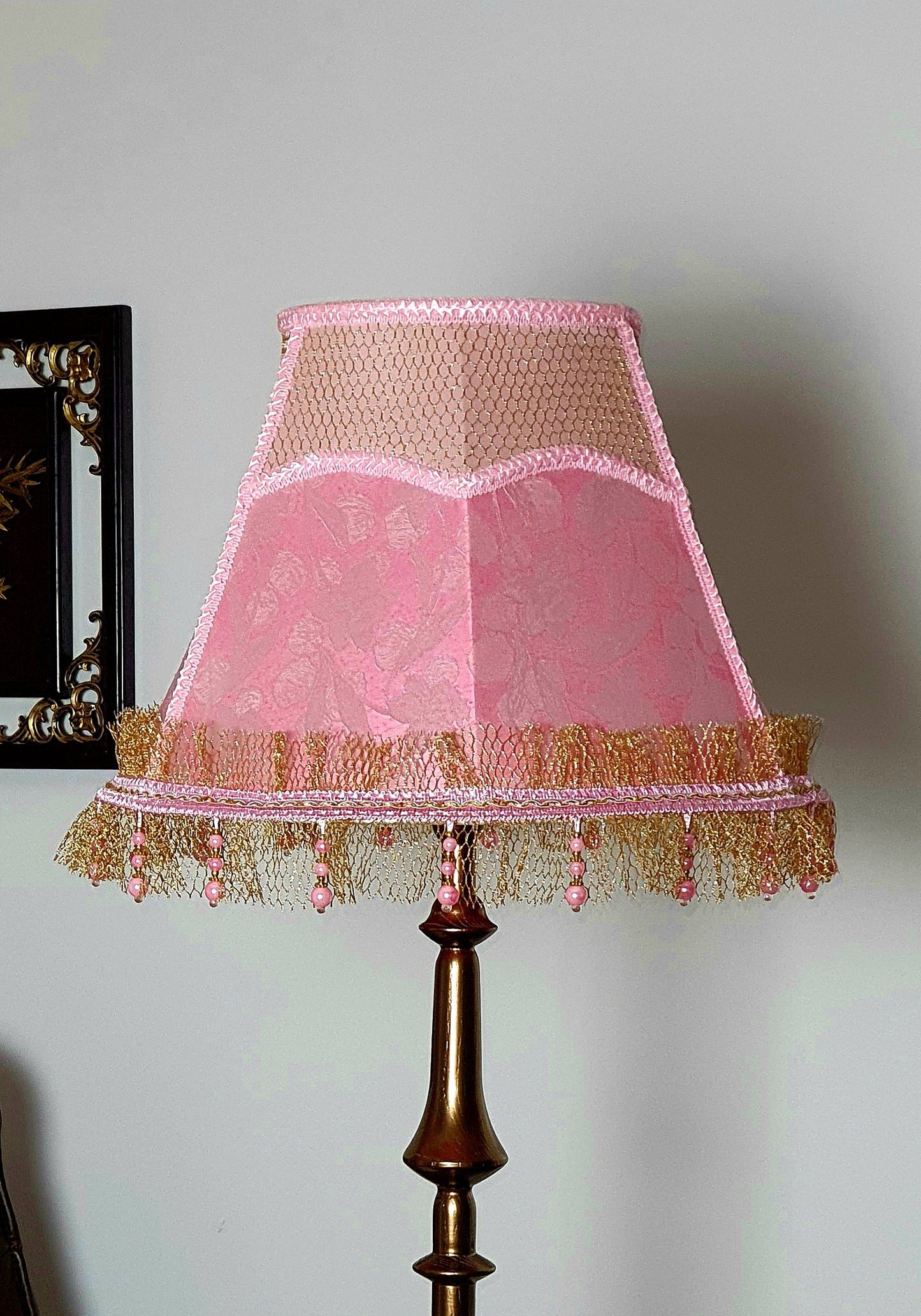 Handmade Pink Floral Lampshade with Fringe, Beads, and Patterned Fabric. 3607
