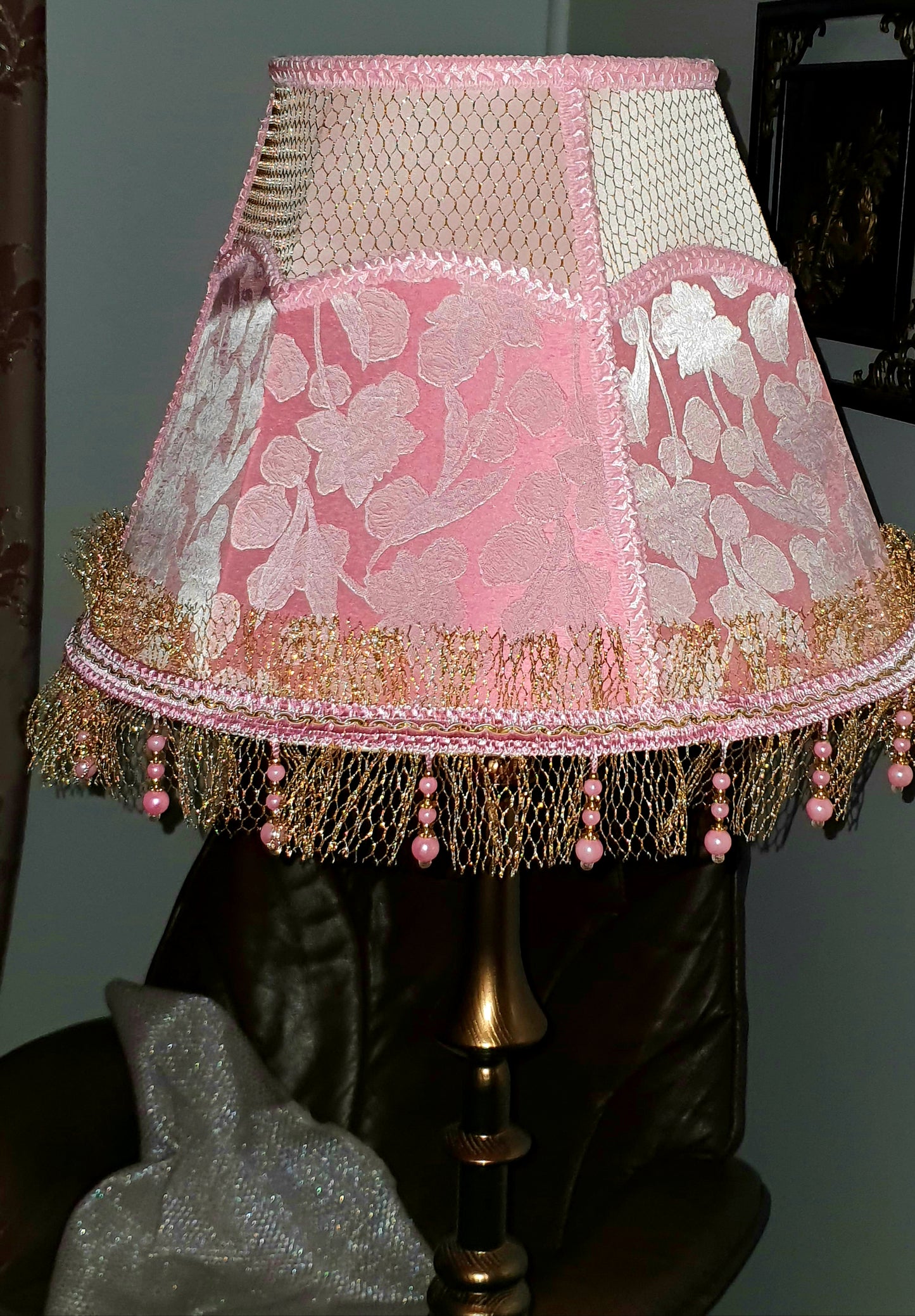 Handmade Pink Floral Lampshade with Fringe, Beads, and Patterned Fabric. 3607