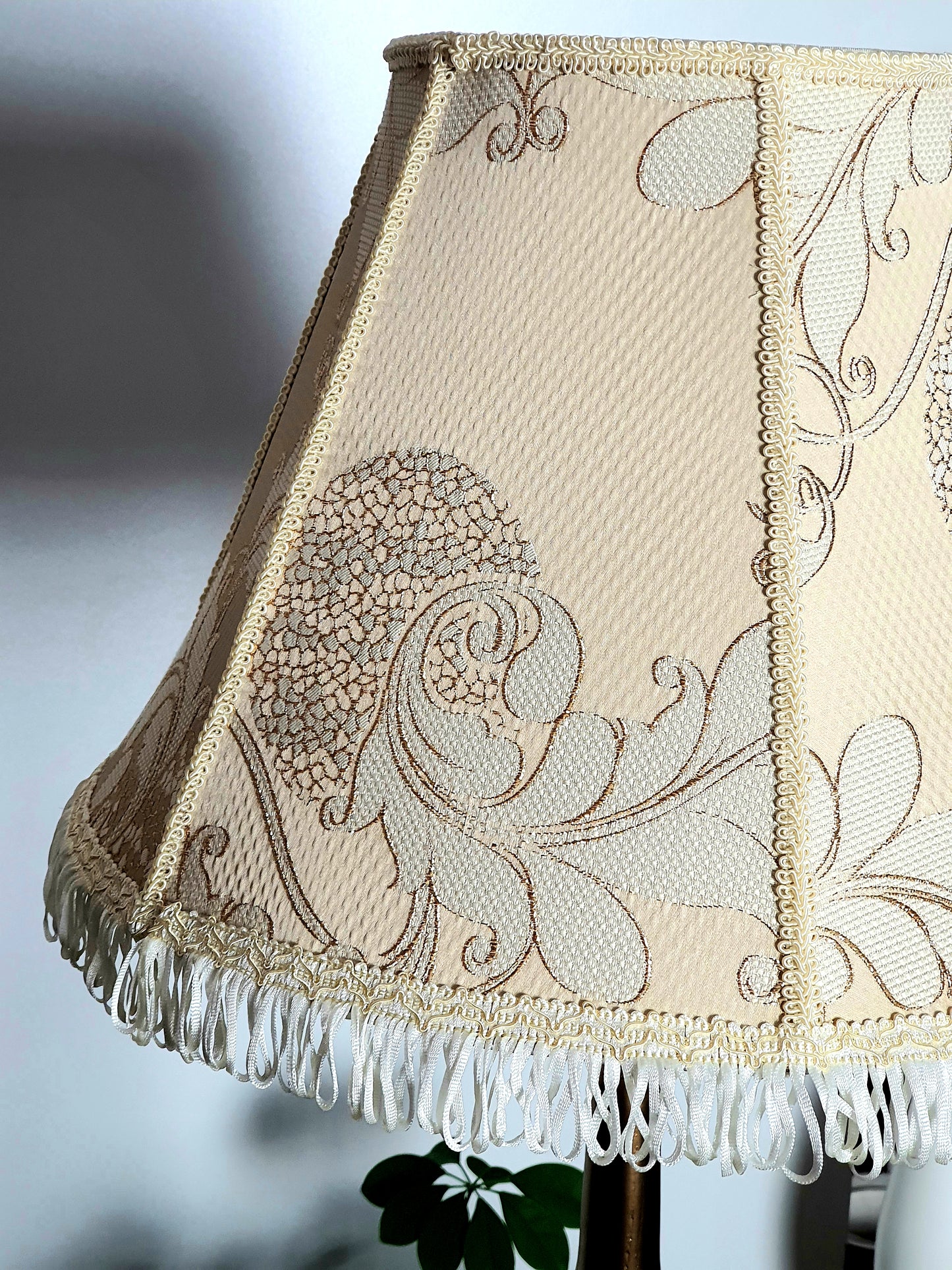 Victorian-style floor lamp with a patterned fabric shade. 3808