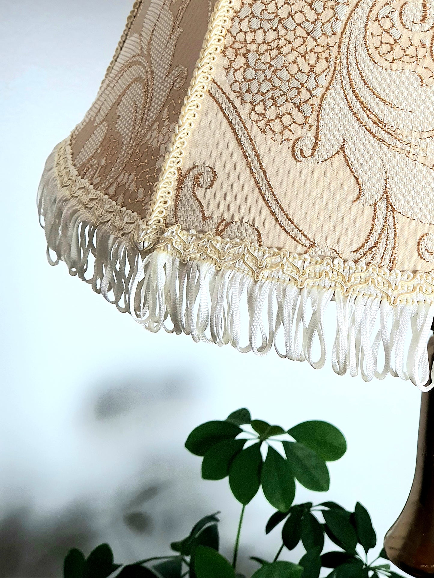 Victorian-style floor lamp with a patterned fabric shade. 3808