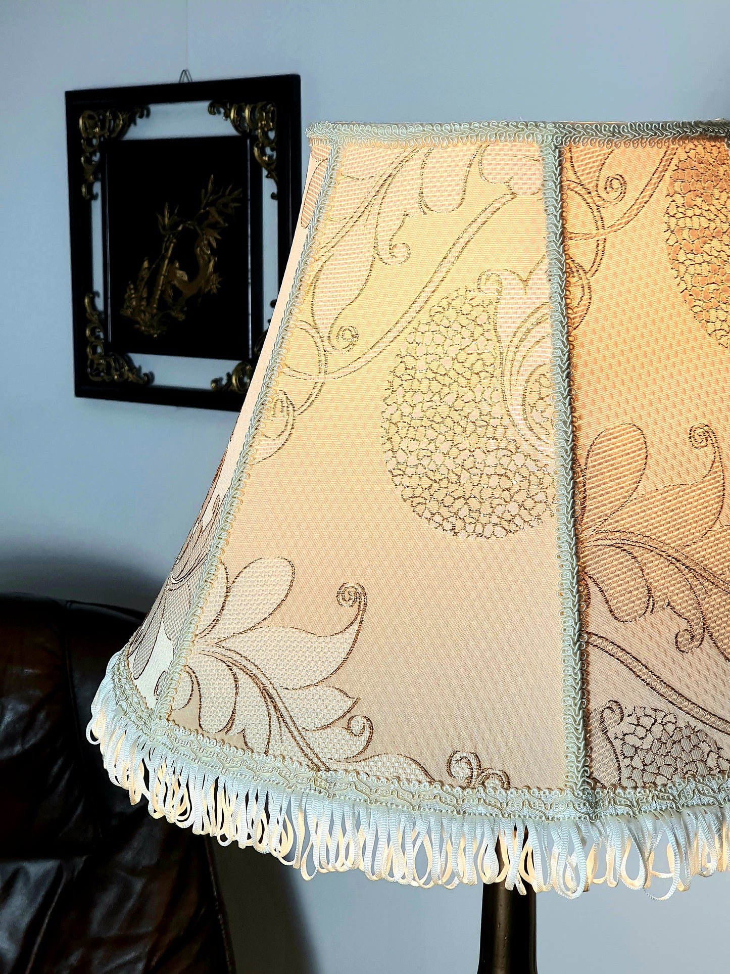 Victorian-style floor lamp with a patterned fabric shade. 3808