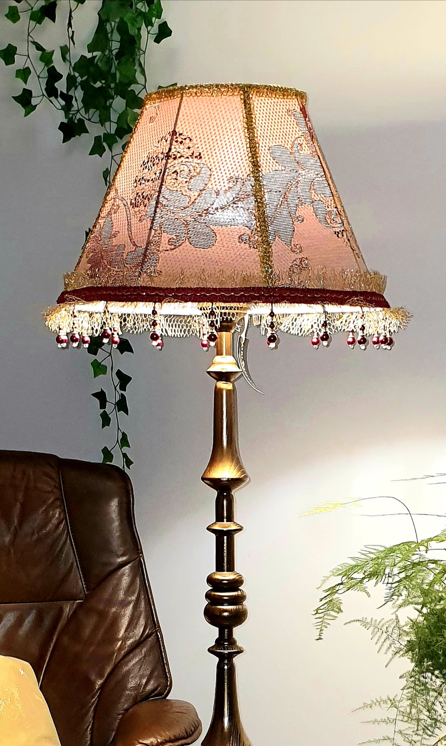Victorian Lampshade in Golden-Burgundy Brocade with Fringe