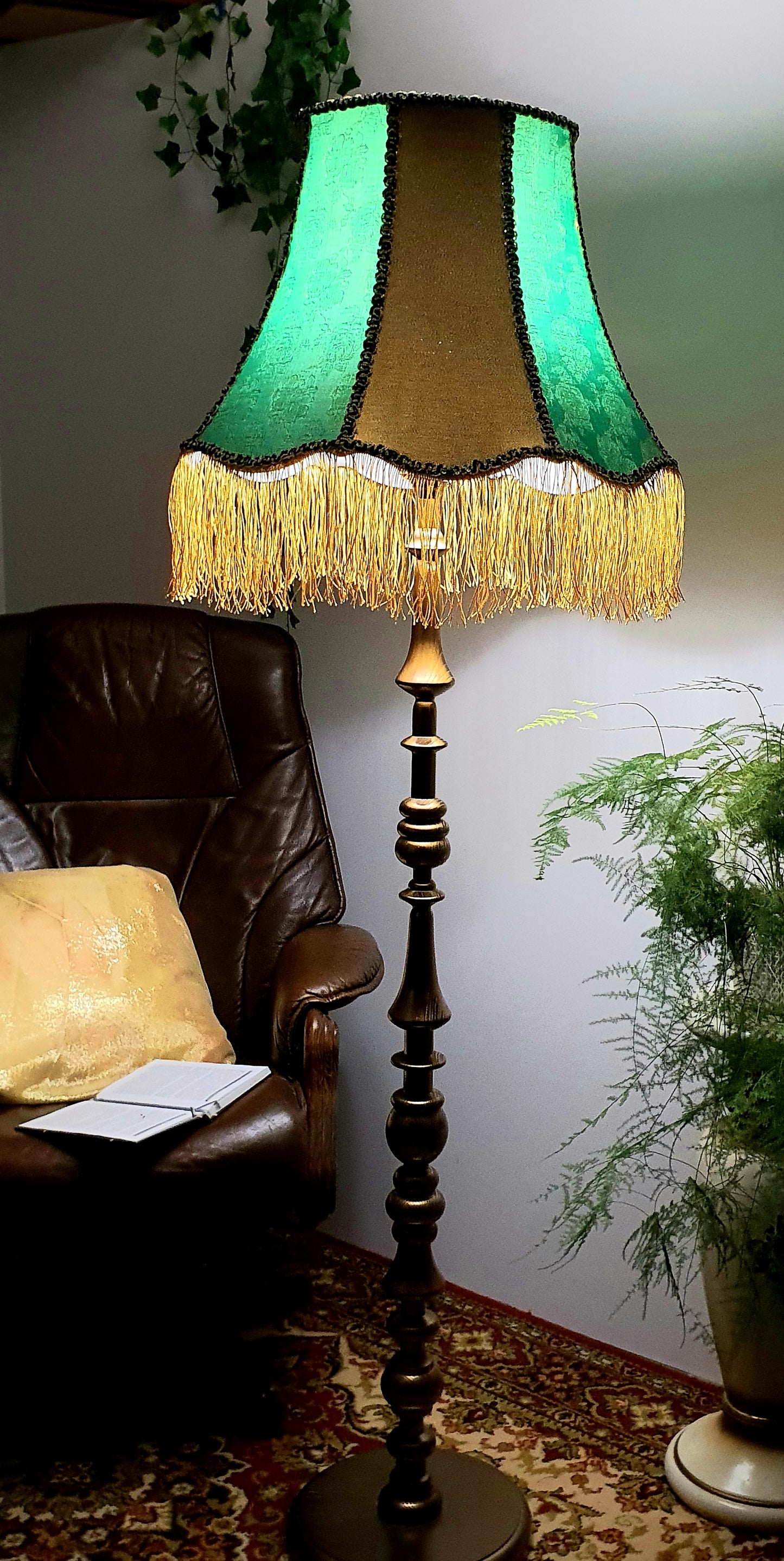 Lampshade, designer fabric, green lampshade with fringe. PRODUCT TO ORDER. 4703