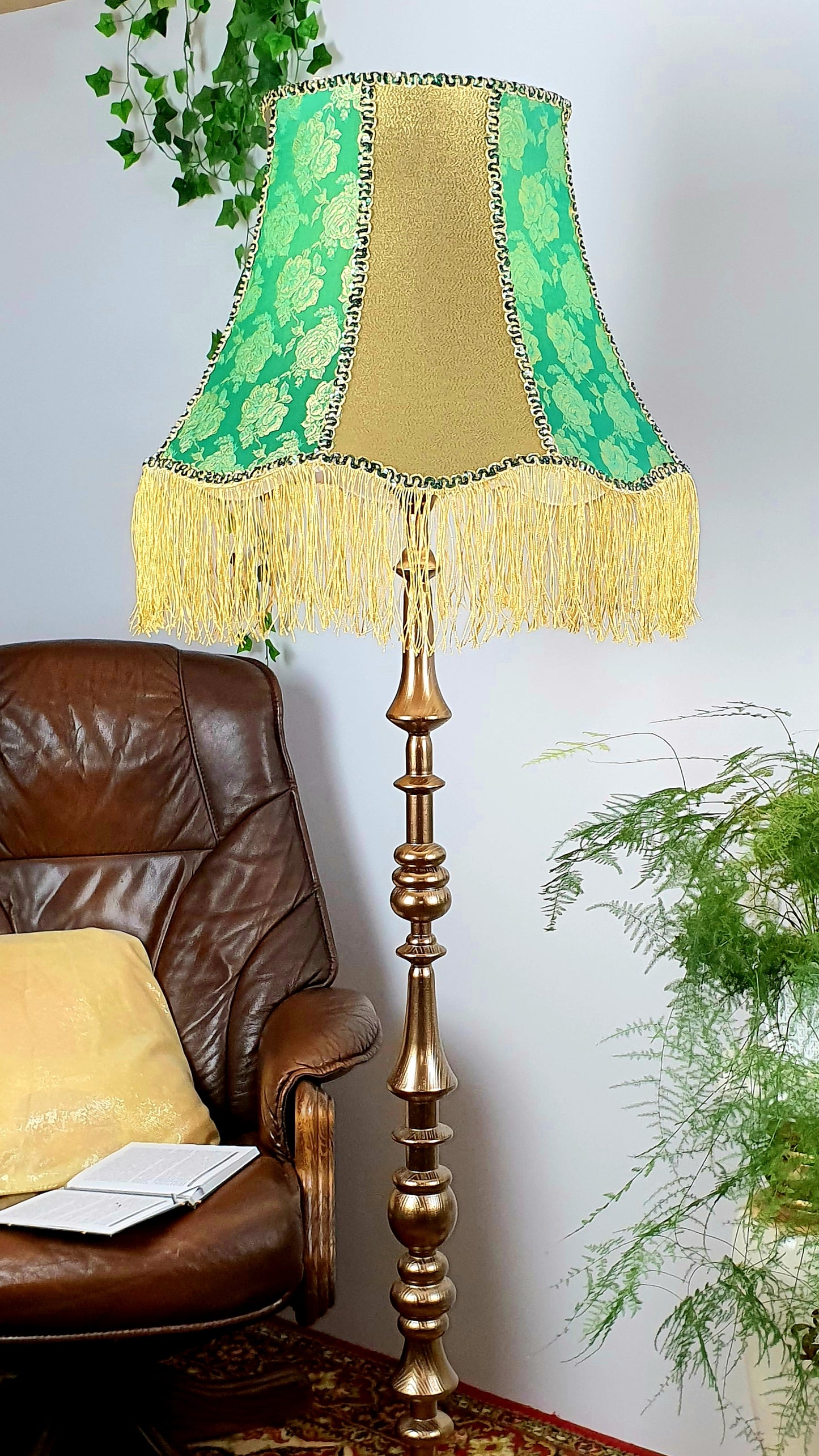 Lampshade, designer fabric, green lampshade with fringe. PRODUCT TO ORDER. 4703