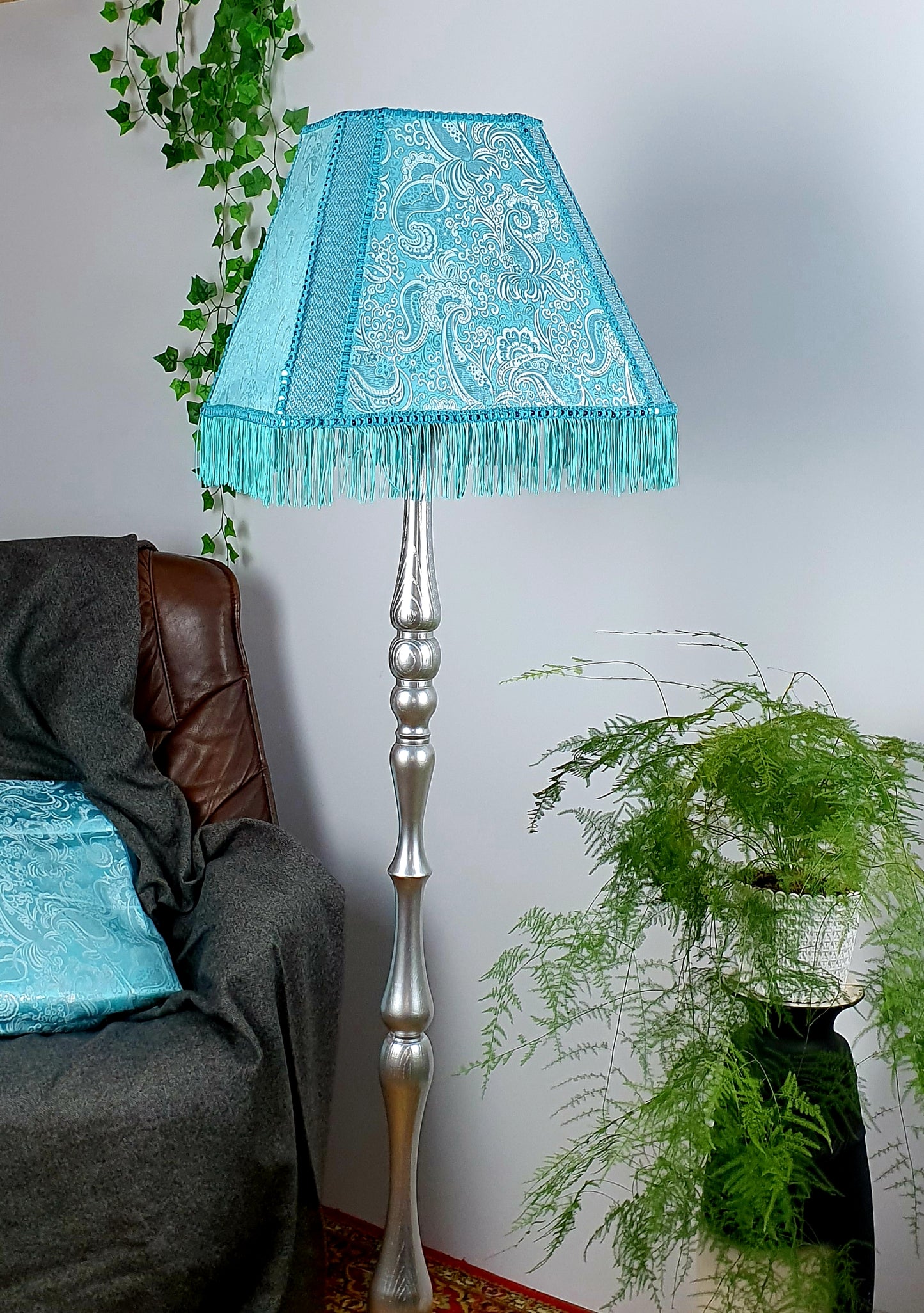 Fabric lampshade in turquoise color with sequins and fringe. Art deco styles. 3402