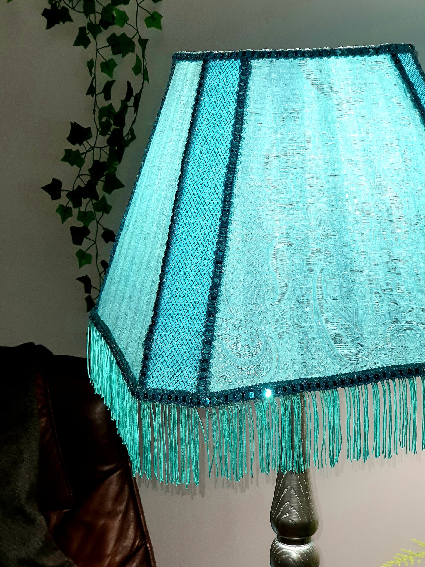 Fabric lampshade in turquoise color with sequins and fringe. Art deco styles. 3402