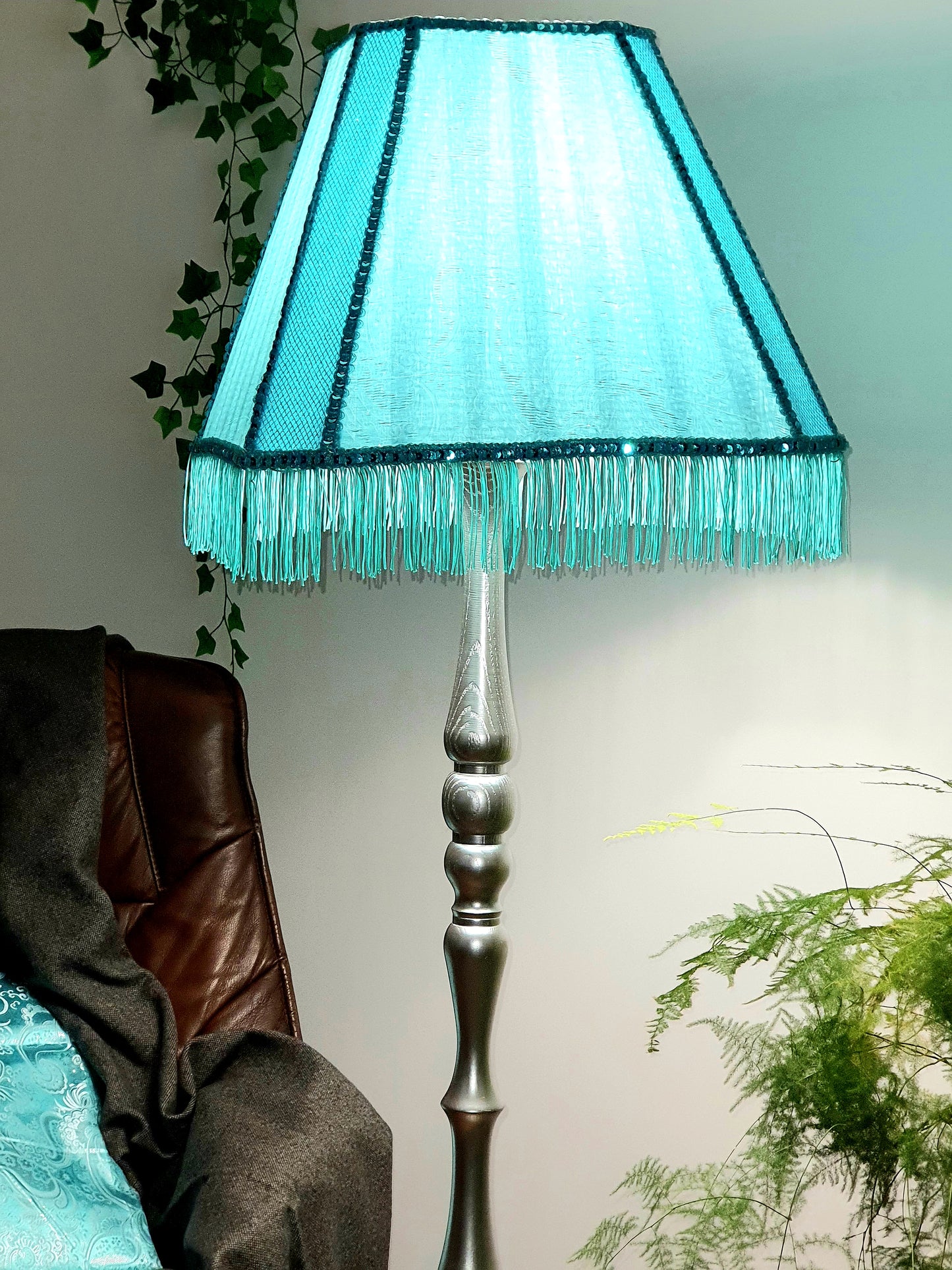 Fabric lampshade in turquoise color with sequins and fringe. Art deco styles. 3402