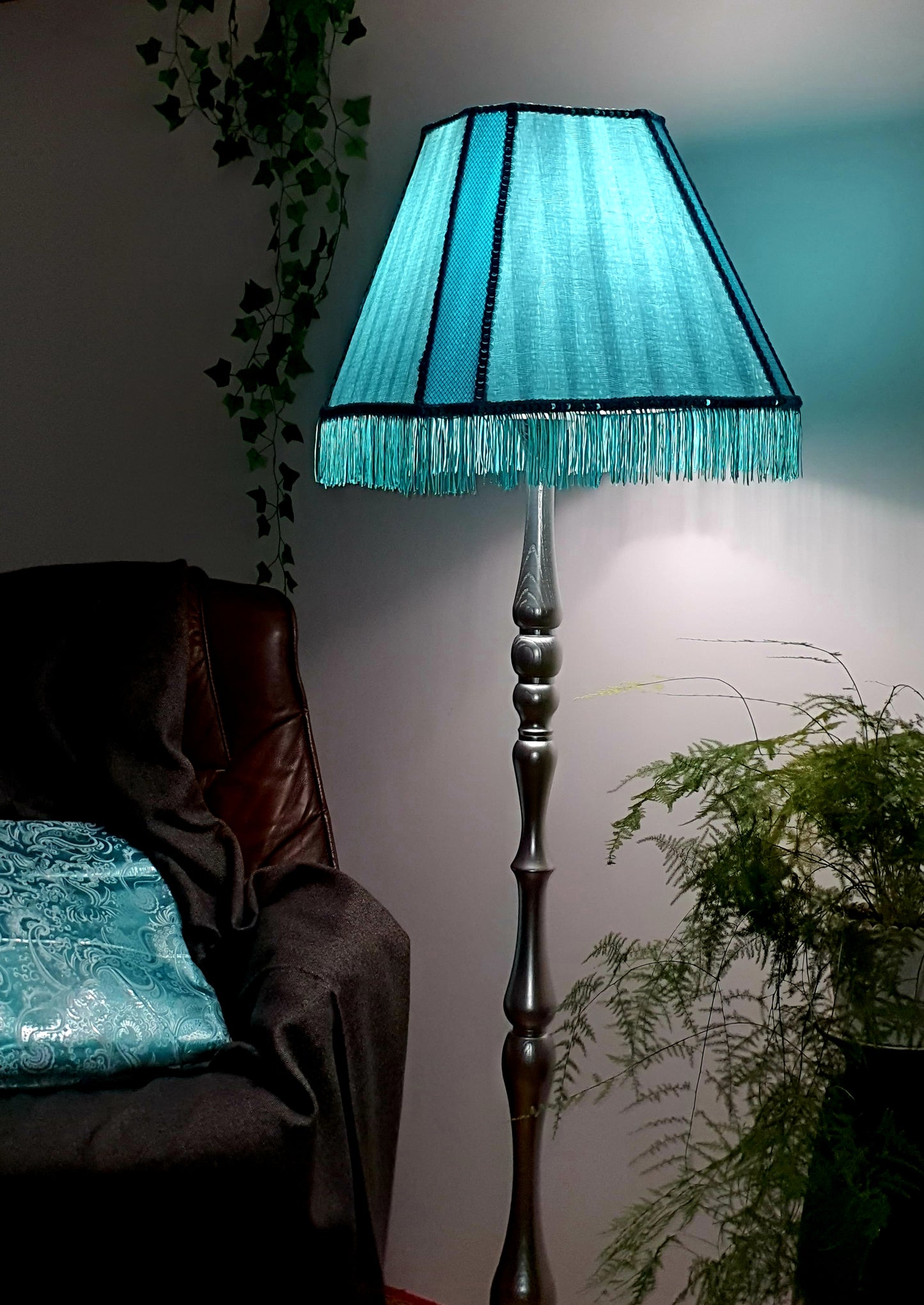 Fabric lampshade in turquoise color with sequins and fringe. Art deco styles. 3402