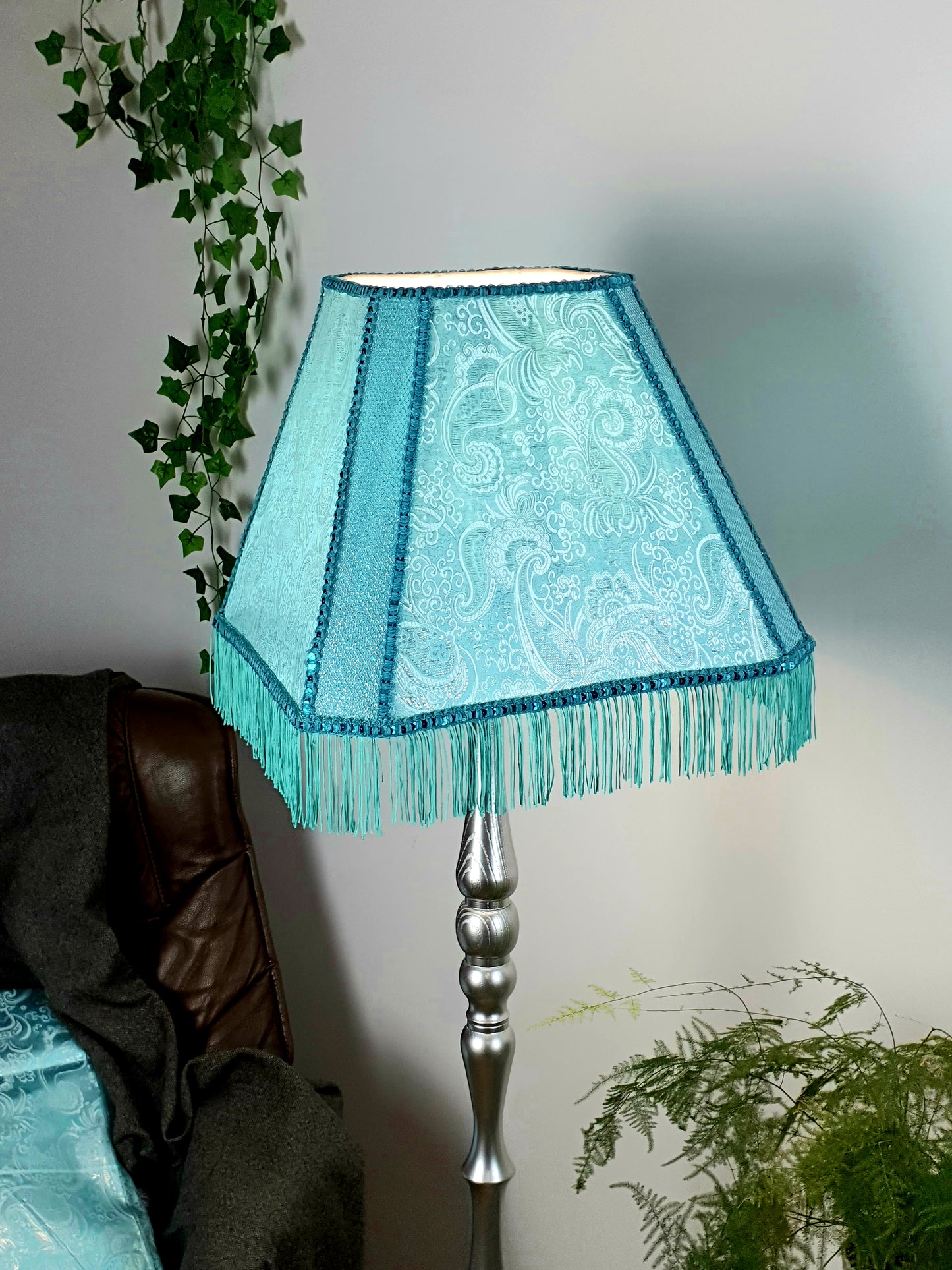 Fabric lampshade in turquoise color with sequins and fringe. Art deco styles. 3402