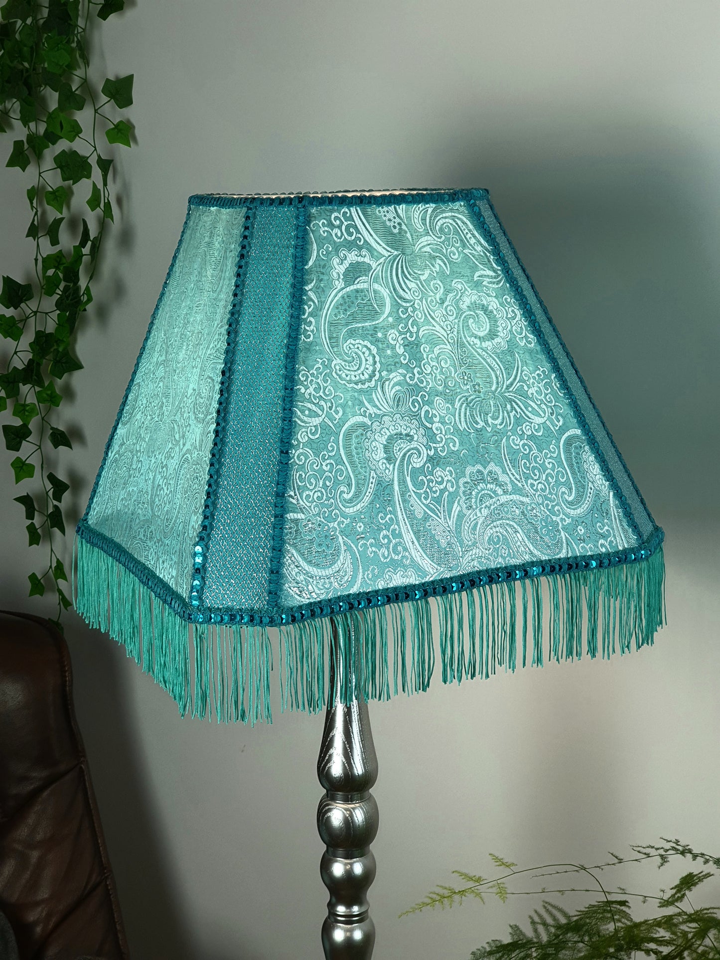 Fabric lampshade in turquoise color with sequins and fringe. Art deco styles. 3402
