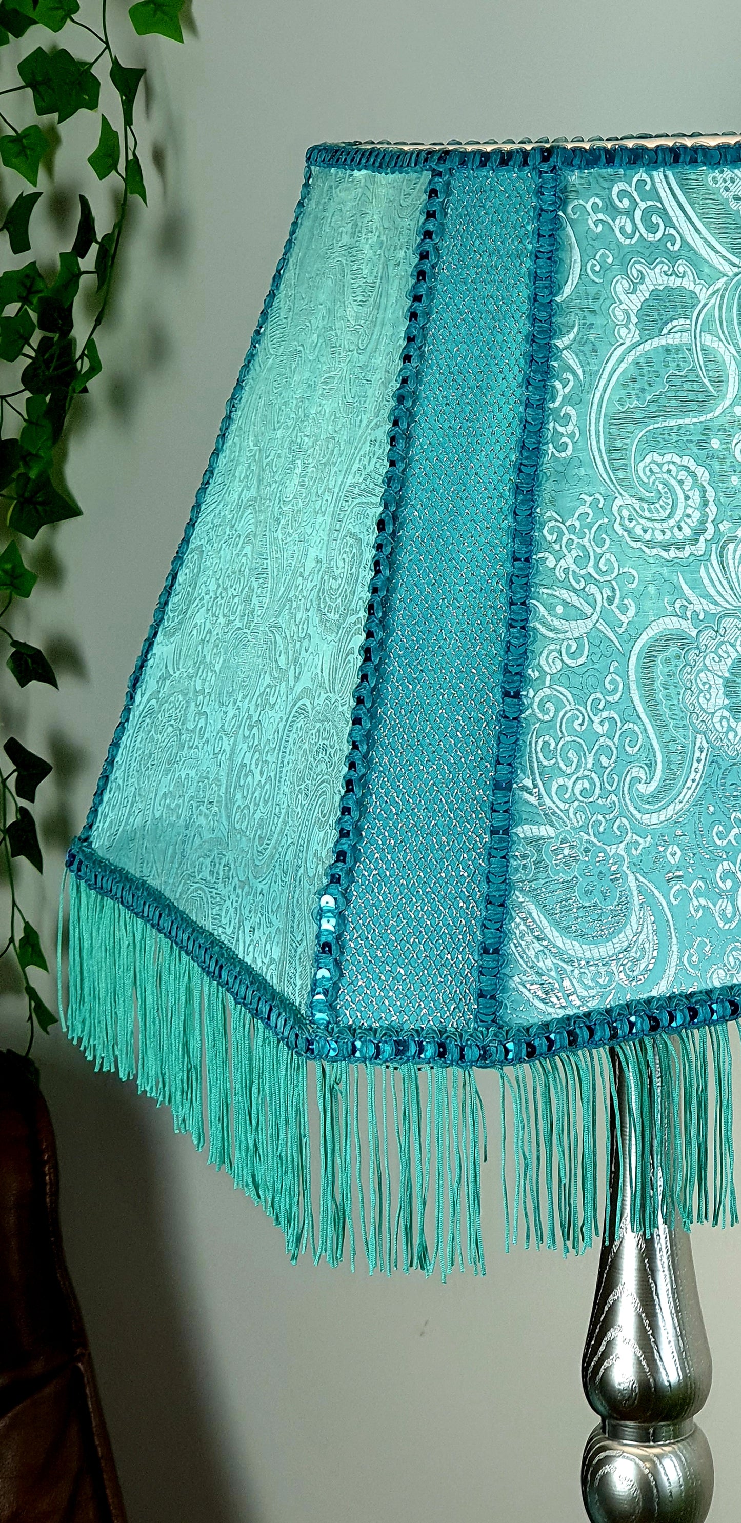 Fabric lampshade in turquoise color with sequins and fringe. Art deco styles. 3402