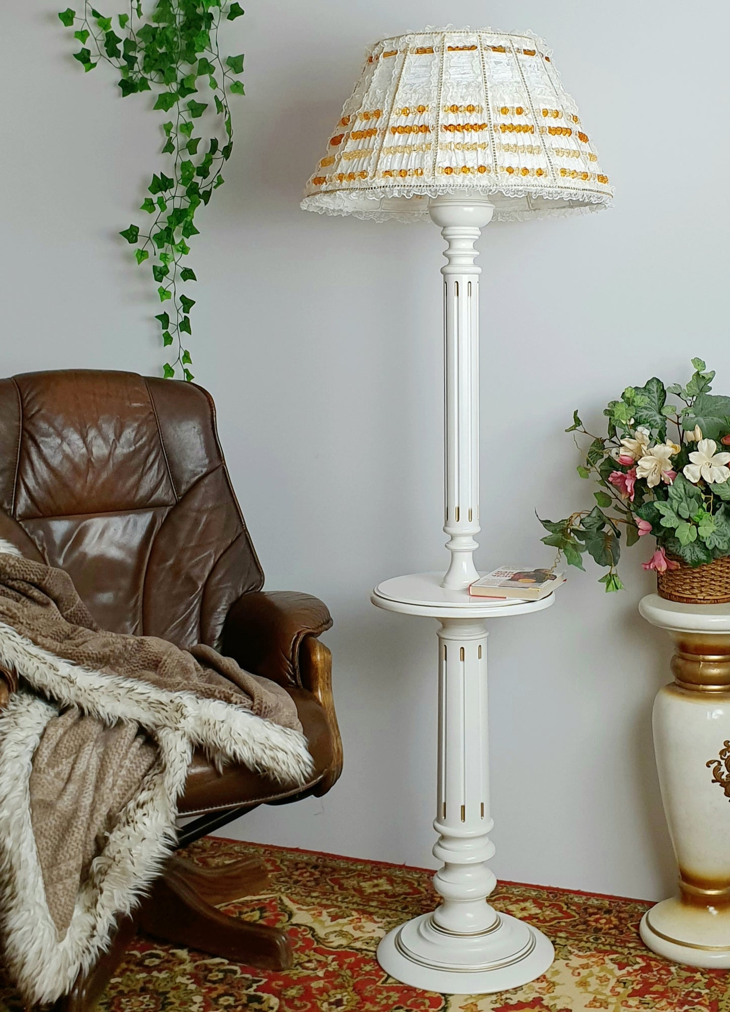 Lampshade. French Milk-Colored Guipure Lampshade with Lace Ribbon