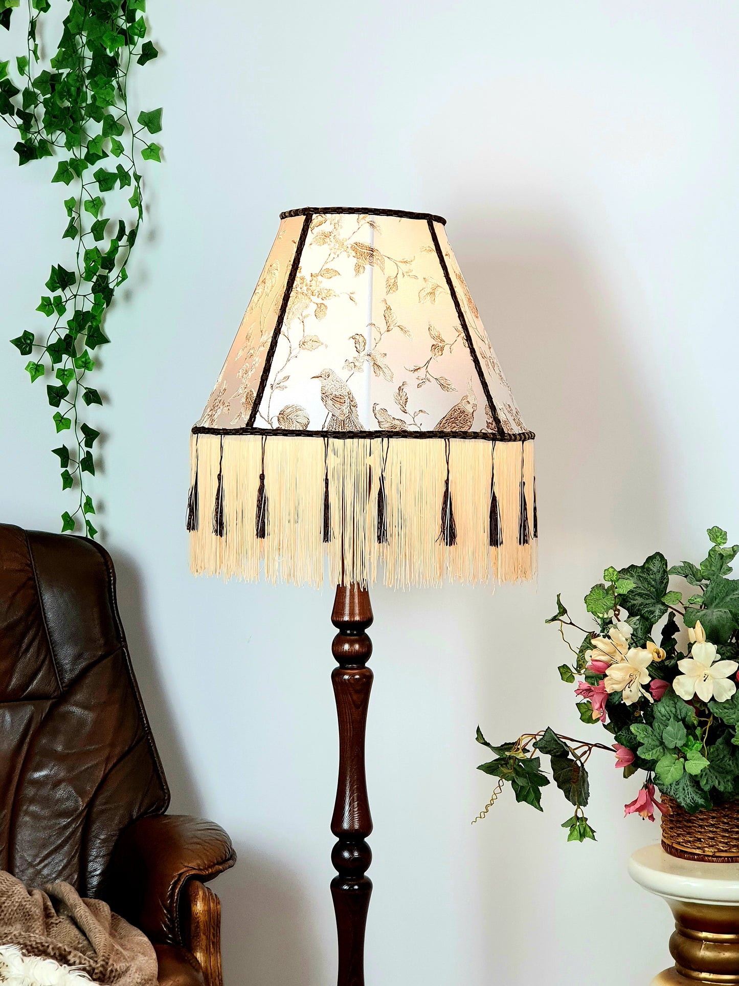 Victorian Lampshade Silvery Mother-of-Pearl Fabric with Long Thick Fringe. 1104