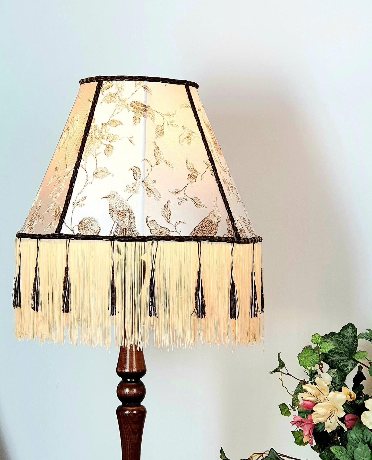 Victorian Lampshade Silvery Mother-of-Pearl Fabric with Long Thick Fringe. 1104