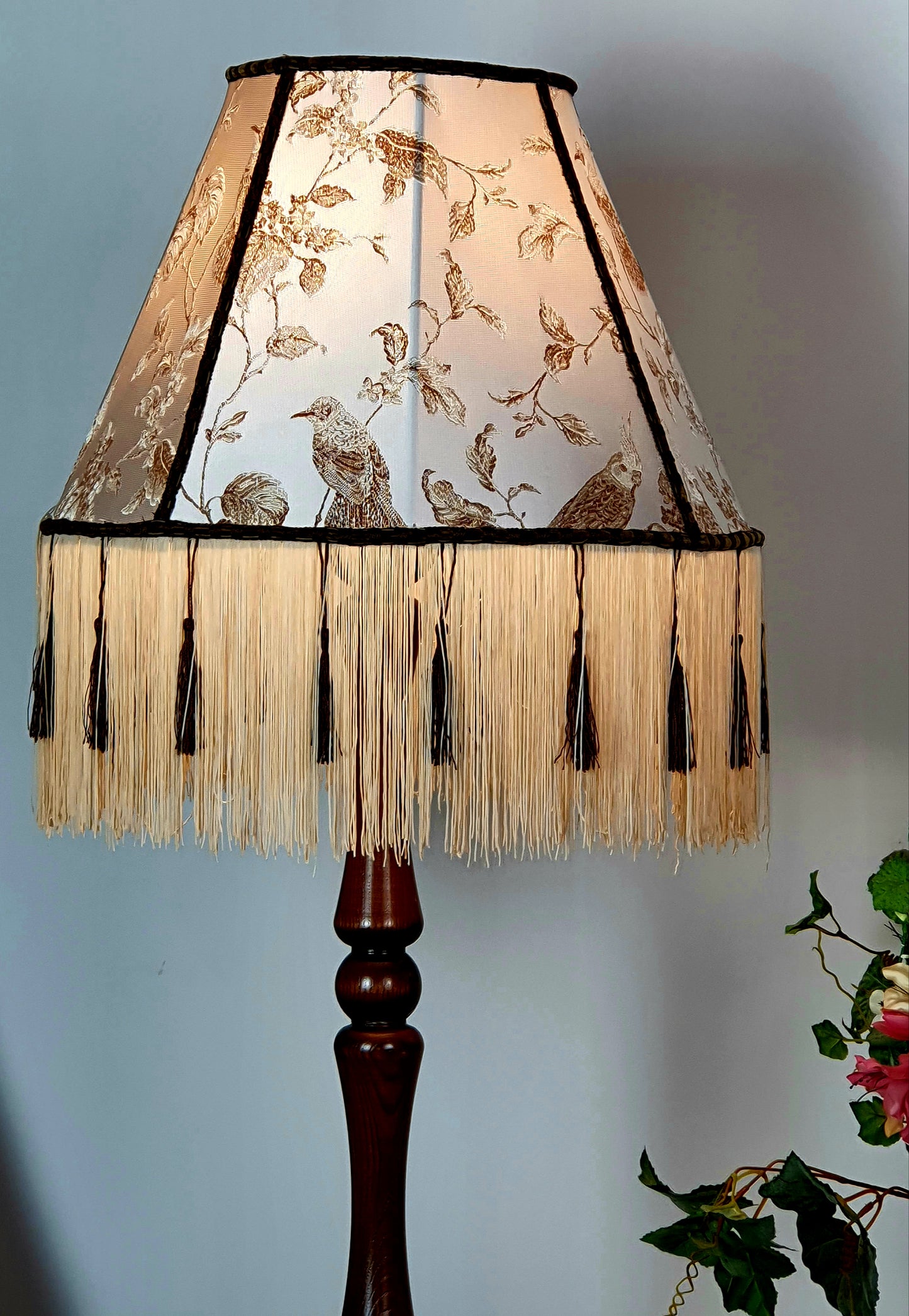 Victorian Lampshade Silvery Mother-of-Pearl Fabric with Long Thick Fringe. 1104