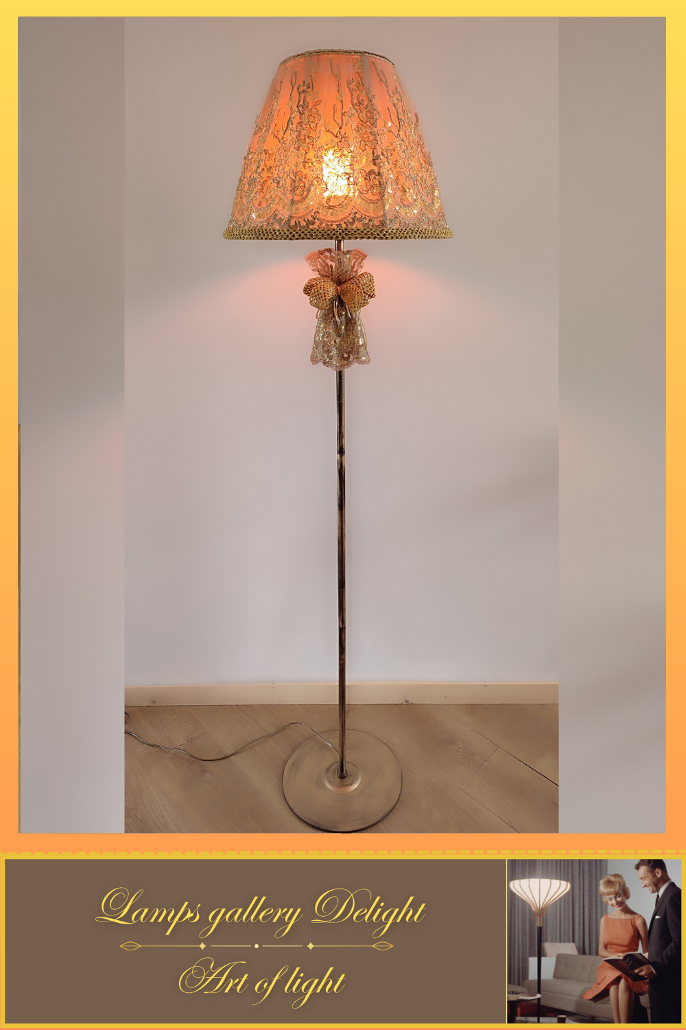 Floor lamp, art deco lamp, floor lamp with a fabric golden lampshade. 1115