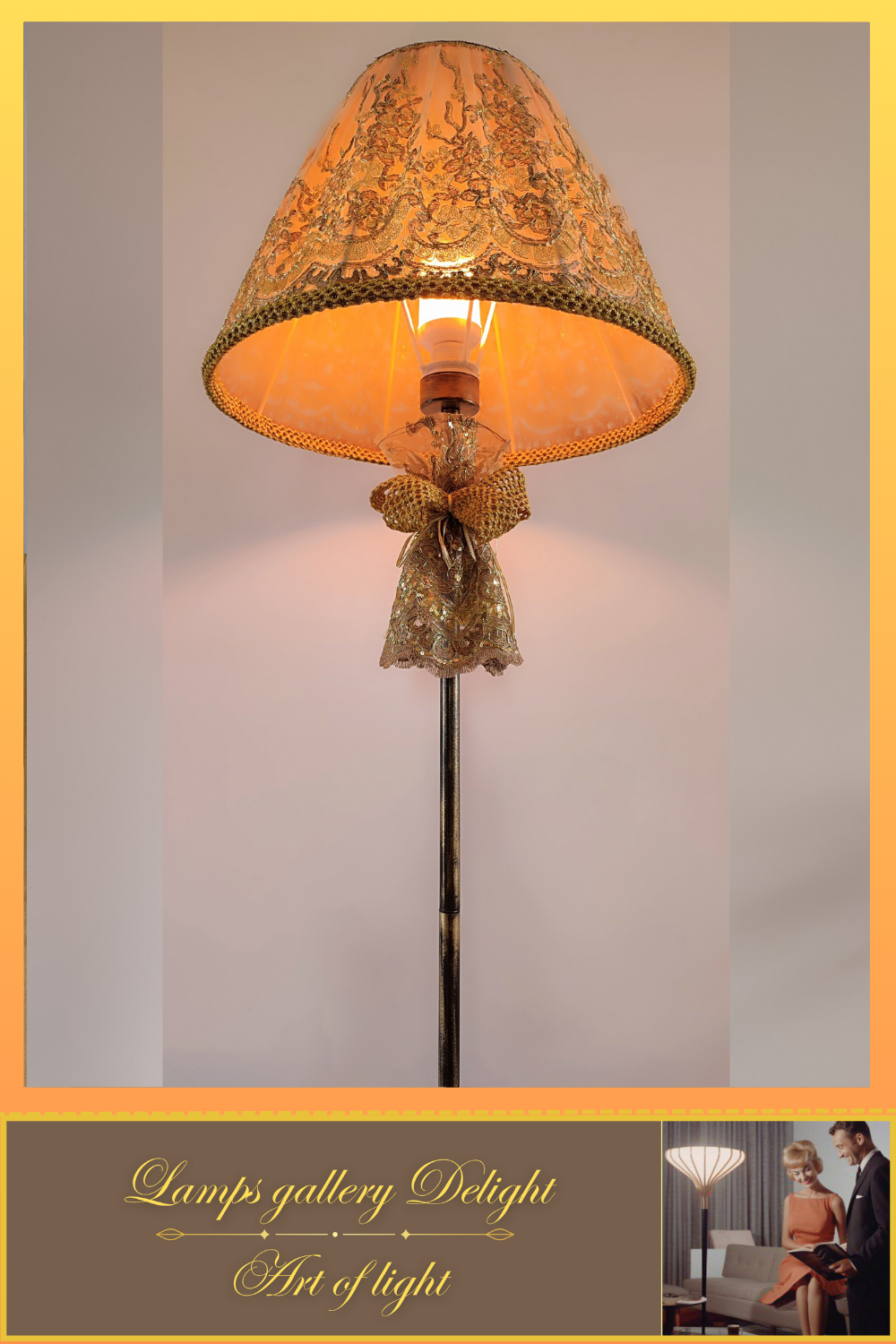 Floor lamp, art deco lamp, floor lamp with a fabric golden lampshade. 1115