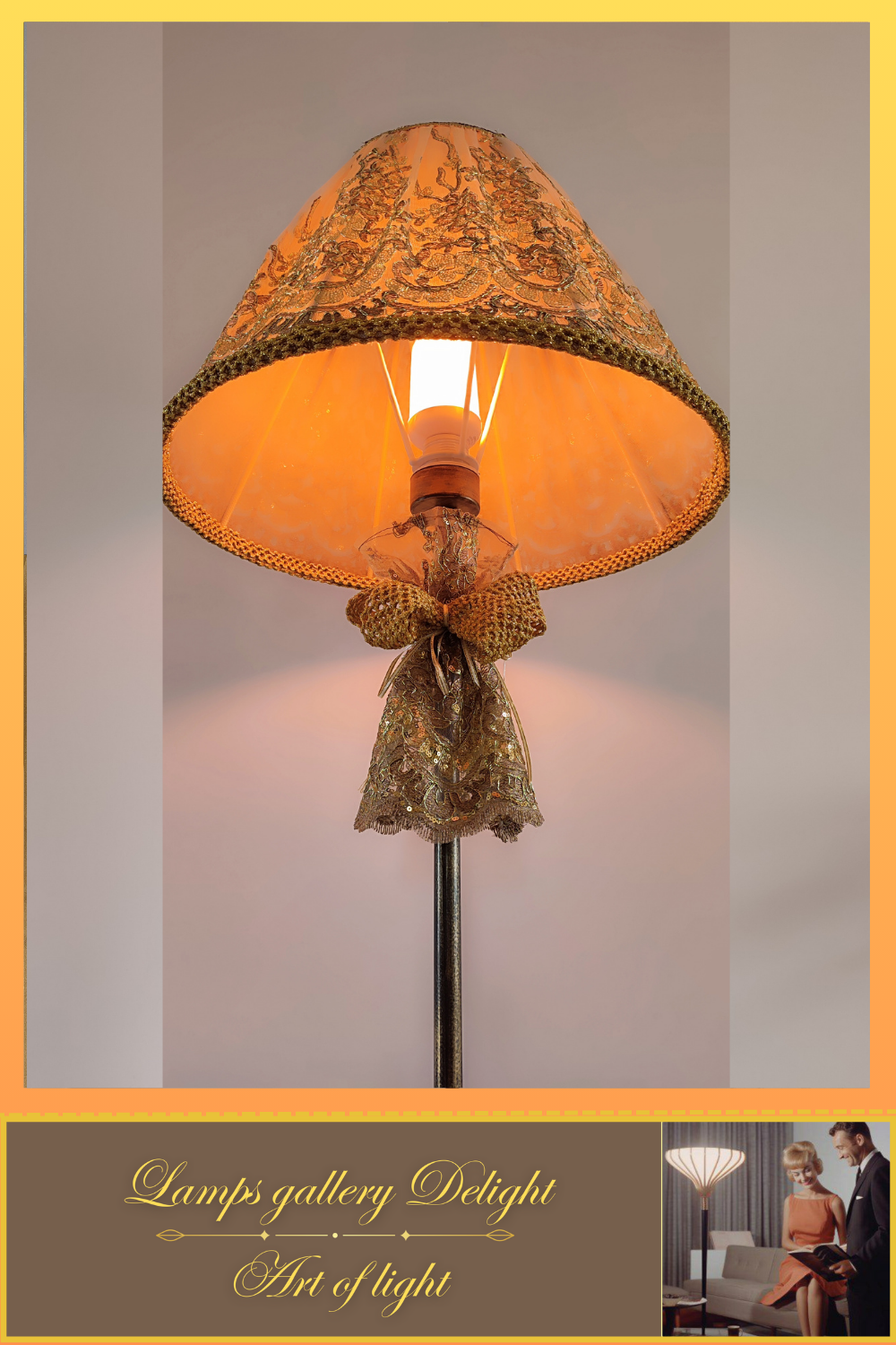 Floor lamp, art deco lamp, floor lamp with a fabric golden lampshade. 1115