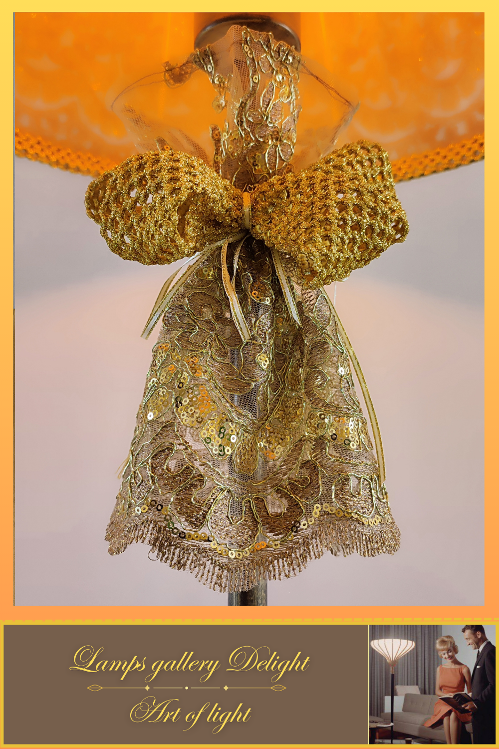 Floor lamp, art deco lamp, floor lamp with a fabric golden lampshade. 1115