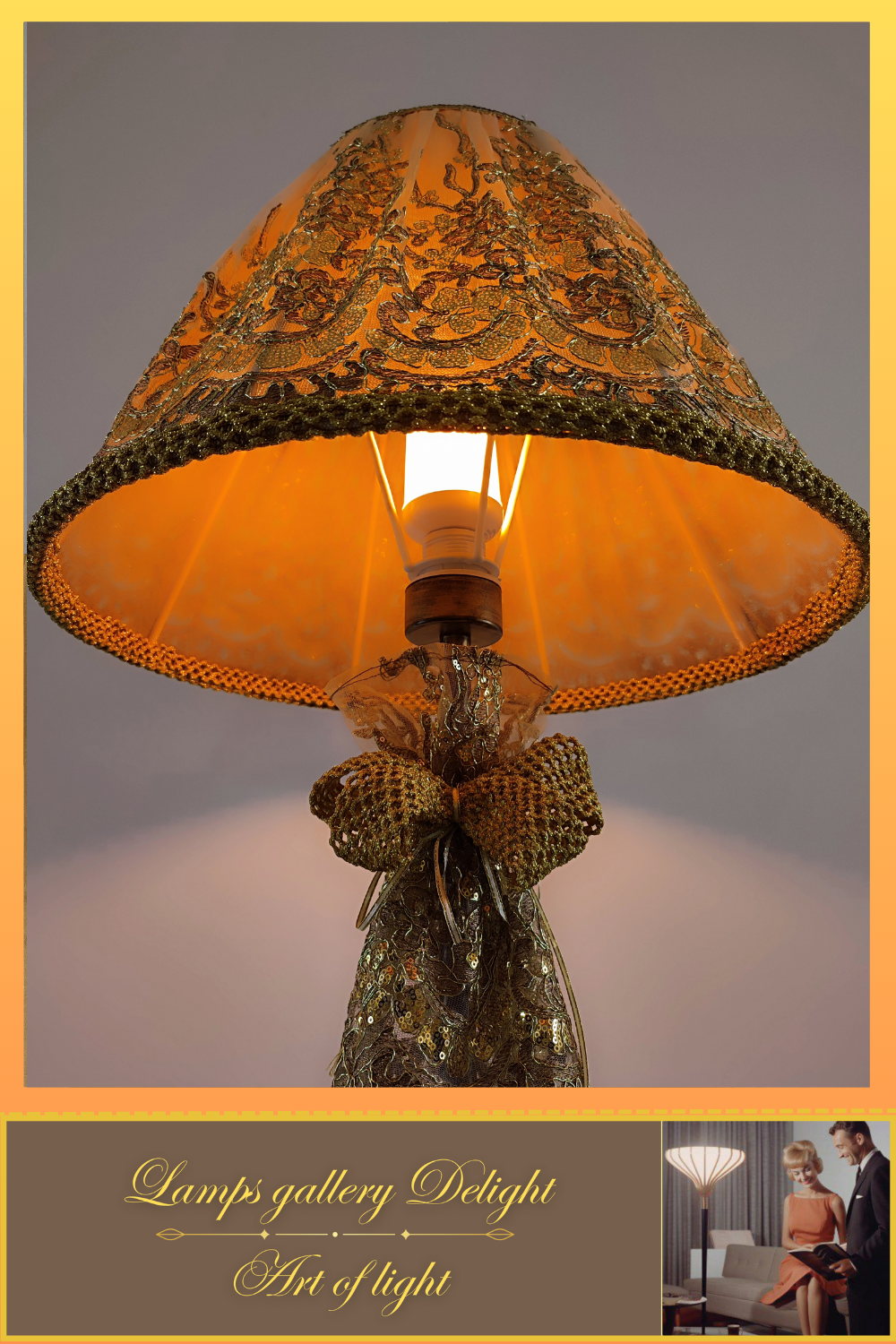 Floor lamp, art deco lamp, floor lamp with a fabric golden lampshade. 1115