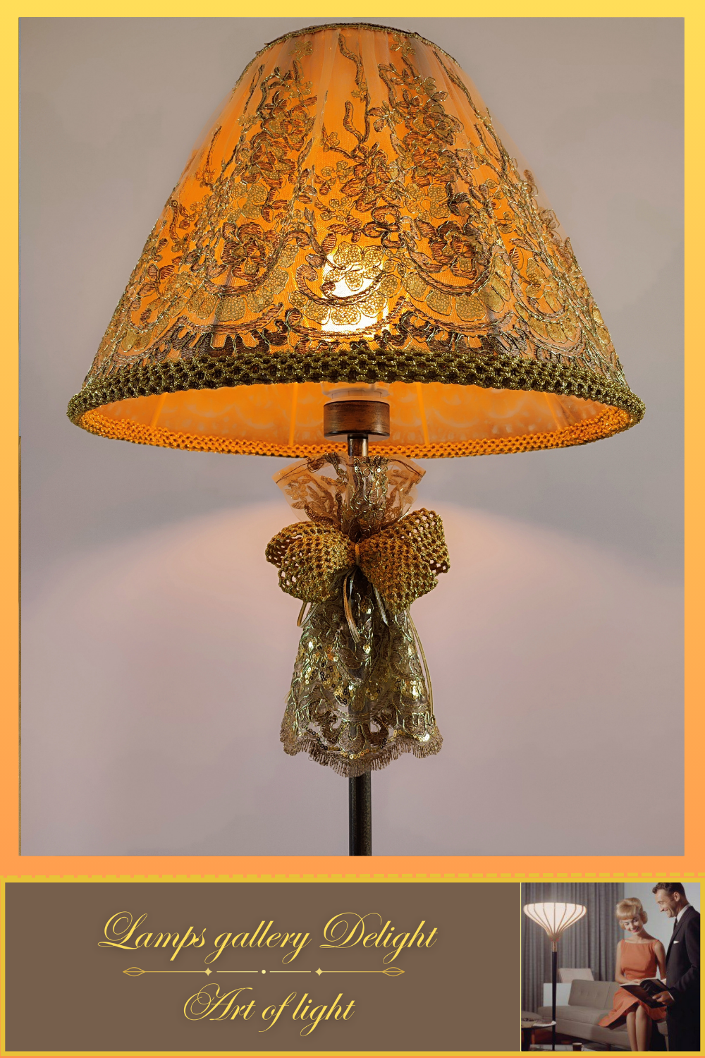 Floor lamp, art deco lamp, floor lamp with a fabric golden lampshade. 1115