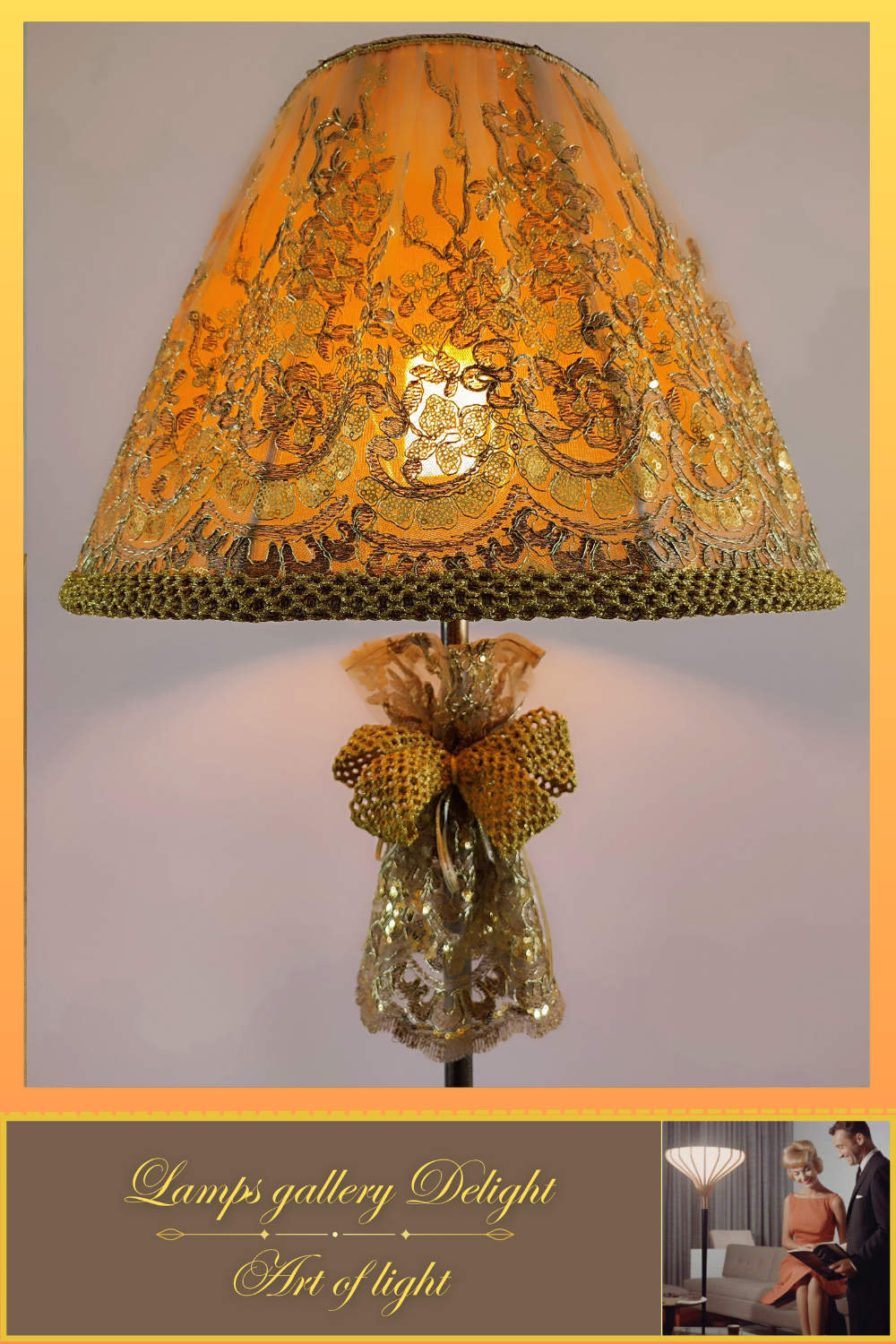 Floor lamp, art deco lamp, floor lamp with a fabric golden lampshade. 1115