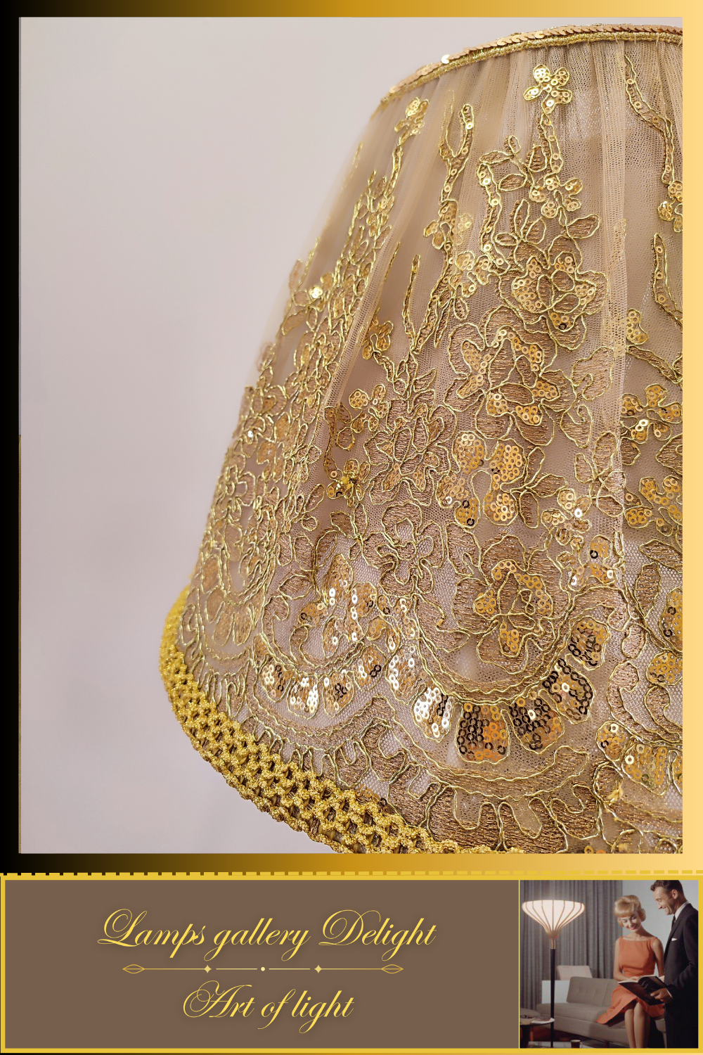 Floor lamp, art deco lamp, floor lamp with a fabric golden lampshade. 1115