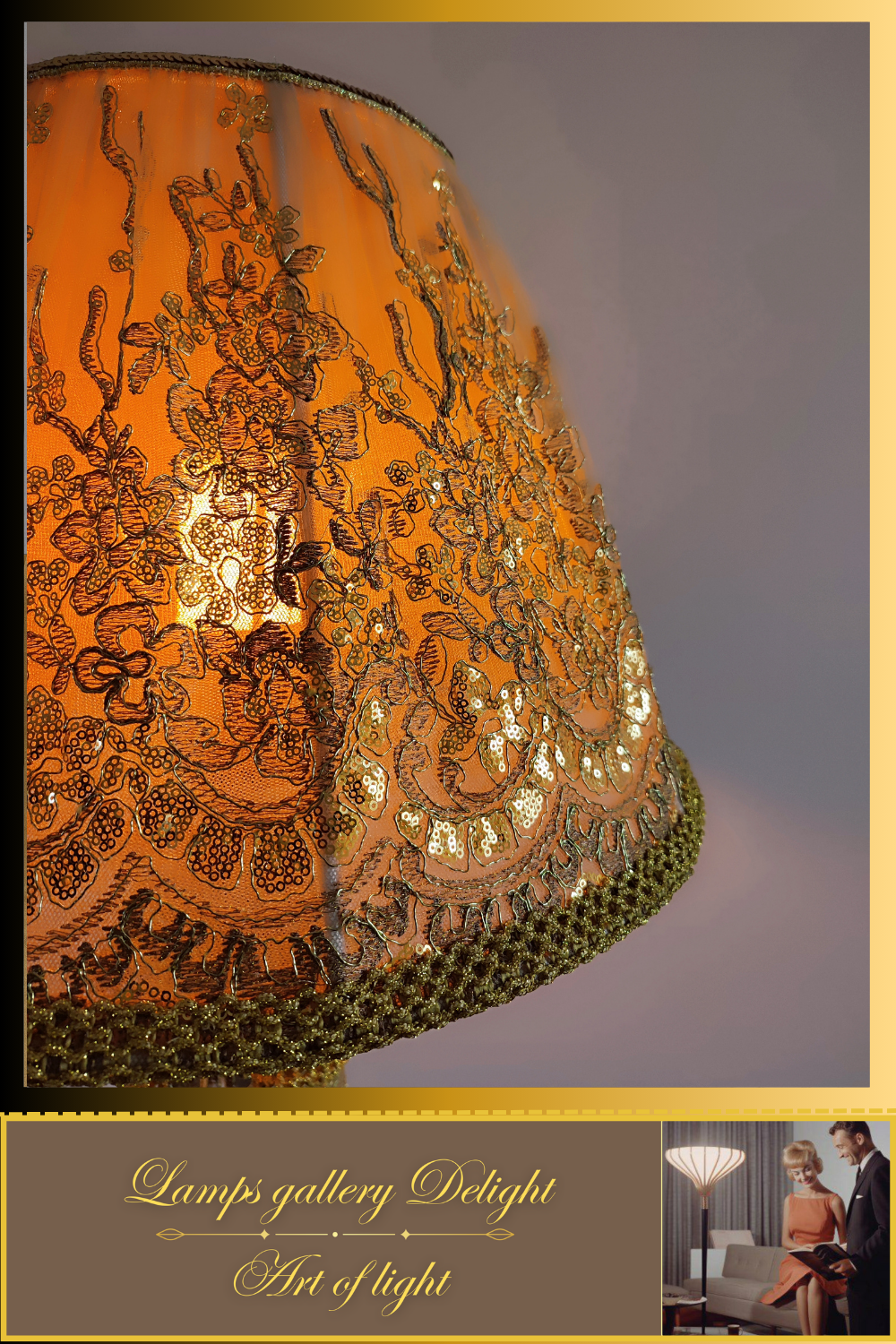 Floor lamp, art deco lamp, floor lamp with a fabric golden lampshade. 1115