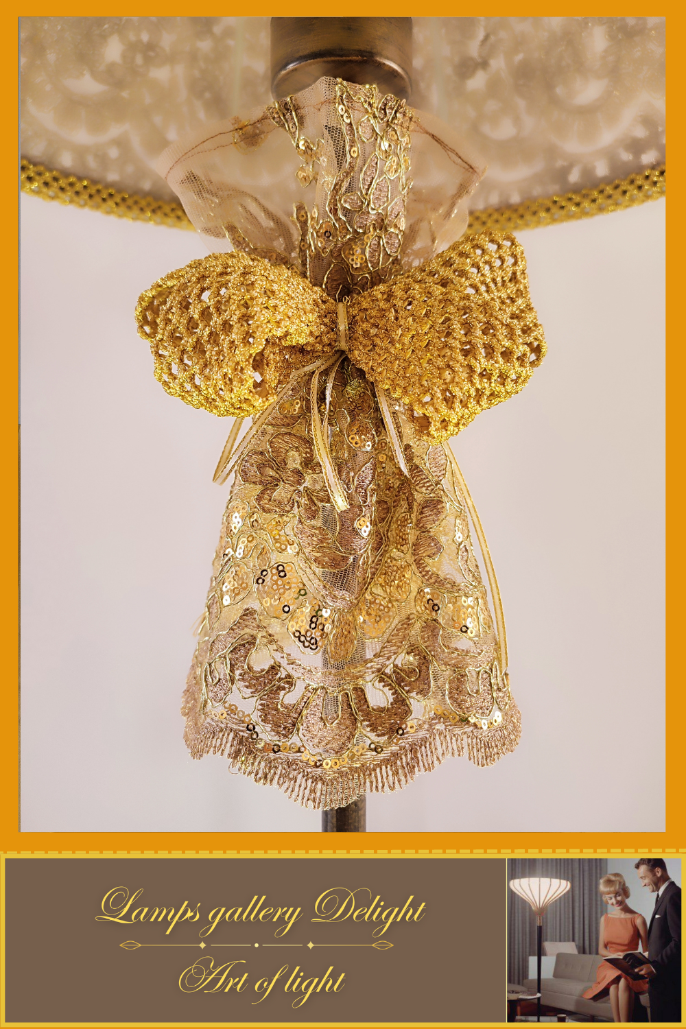 Floor lamp, art deco lamp, floor lamp with a fabric golden lampshade. 1115