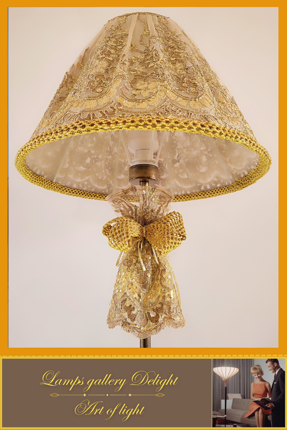 Floor lamp, art deco lamp, floor lamp with a fabric golden lampshade. 1115