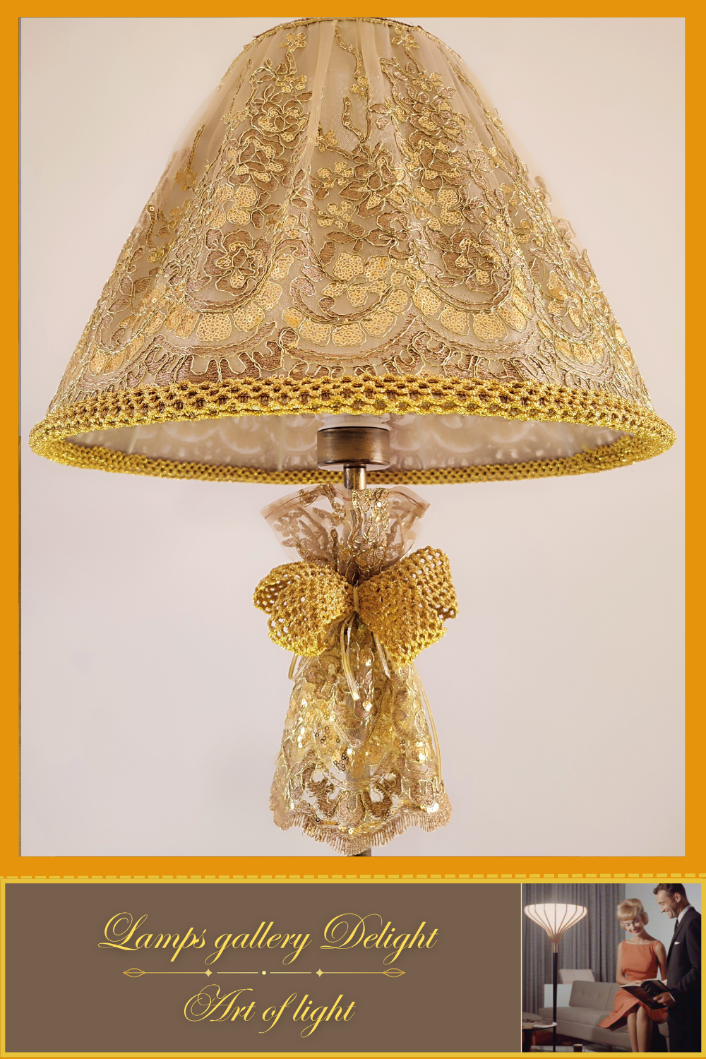 Floor lamp, art deco lamp, floor lamp with a fabric golden lampshade. 1115