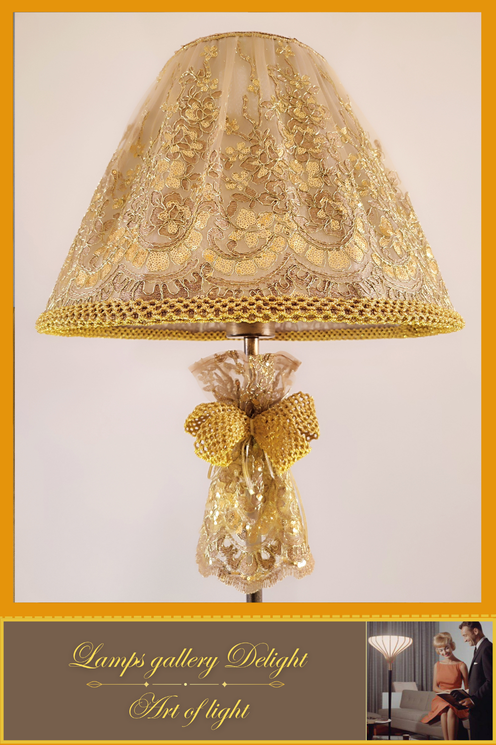 Floor lamp, art deco lamp, floor lamp with a fabric golden lampshade. 1115