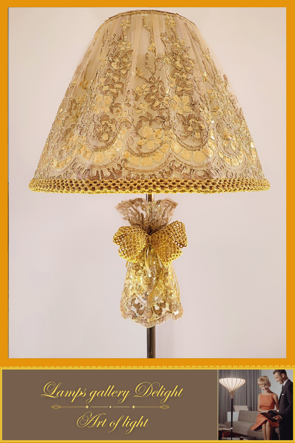 Floor lamp, art deco lamp, floor lamp with a fabric golden lampshade. 1115