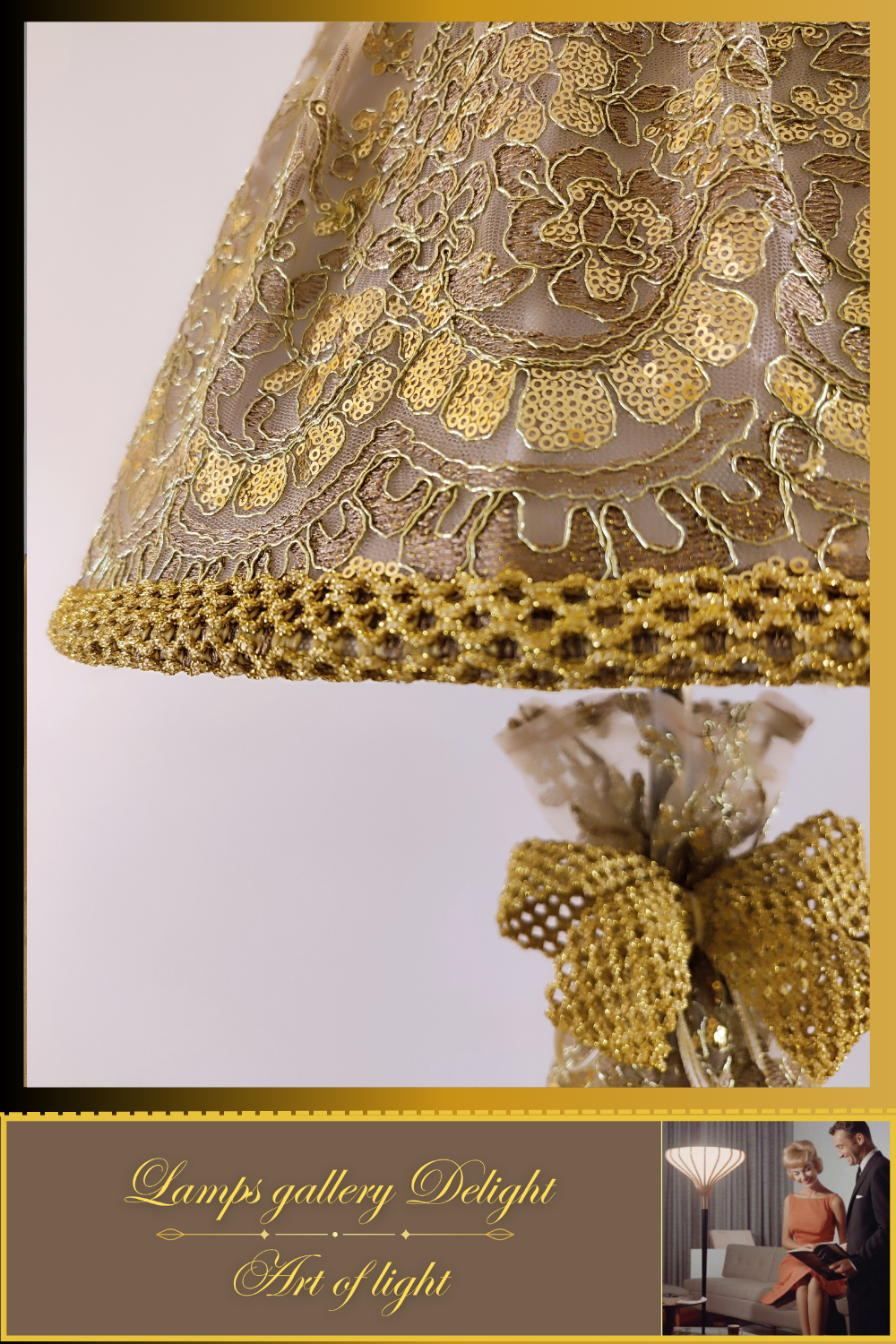 Floor lamp, art deco lamp, floor lamp with a fabric golden lampshade. 1115
